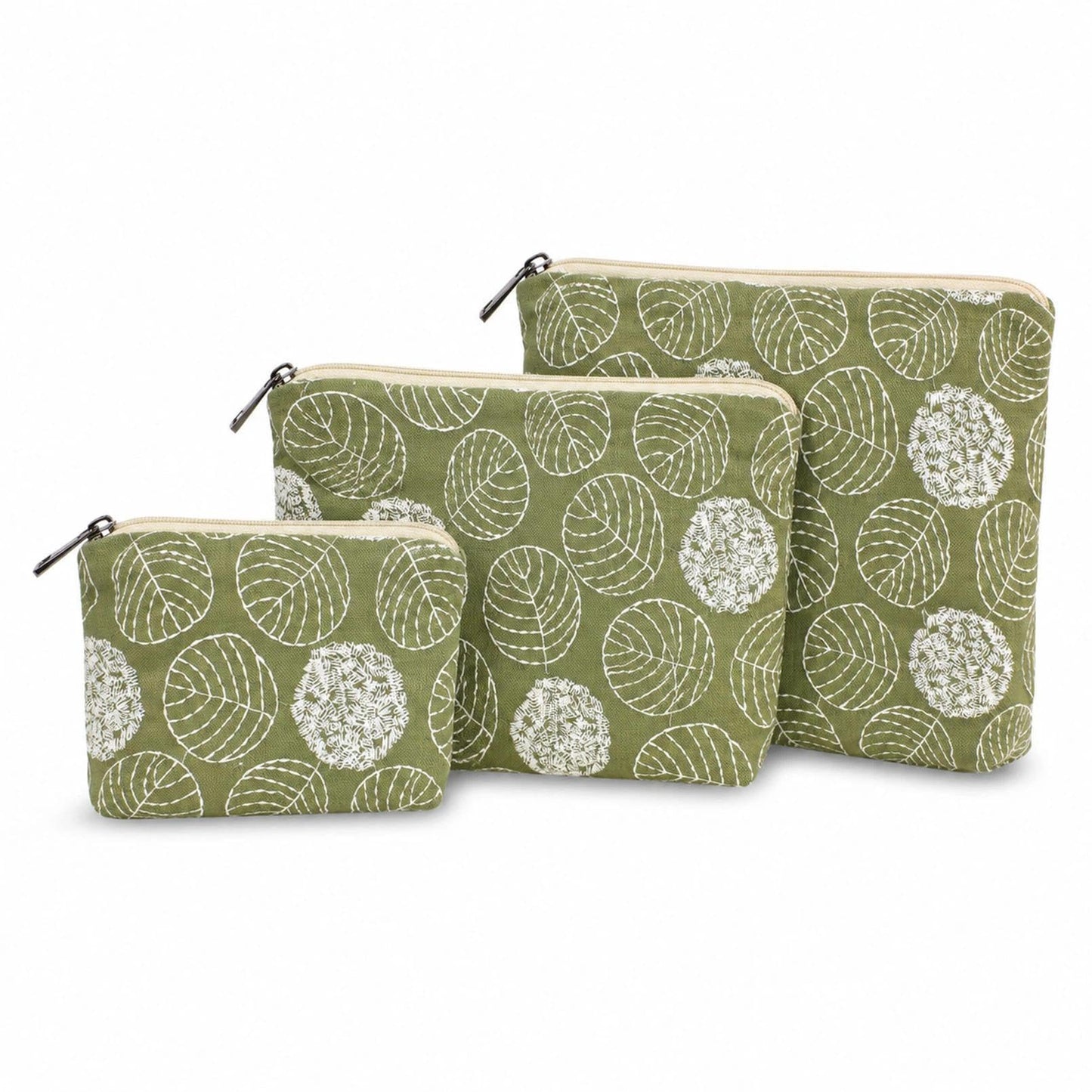 BBORGDC Small Cosmetic Bag Set of 3 for Purse, Green Floral Cotton Makeup Pouch Set, 3 Sizes Zipper Organizer for Travel & Toiletries, Gift for Her Birthday, Bridesmaid & Best Friend