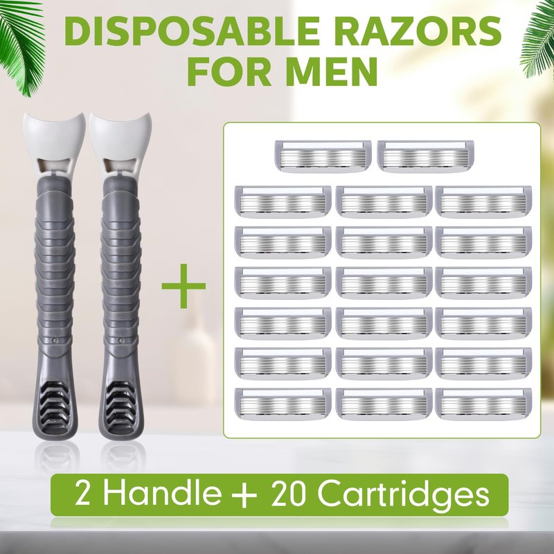 Lanties 22 Pcs Disposable Men's Razors Bulk 6-blade Disposable Razors for Men Sensitive Skin Razor Individually Packaged Disposable Head Razor for Hotel Travel Spa Daily 2 Handles and 20 Cartridges