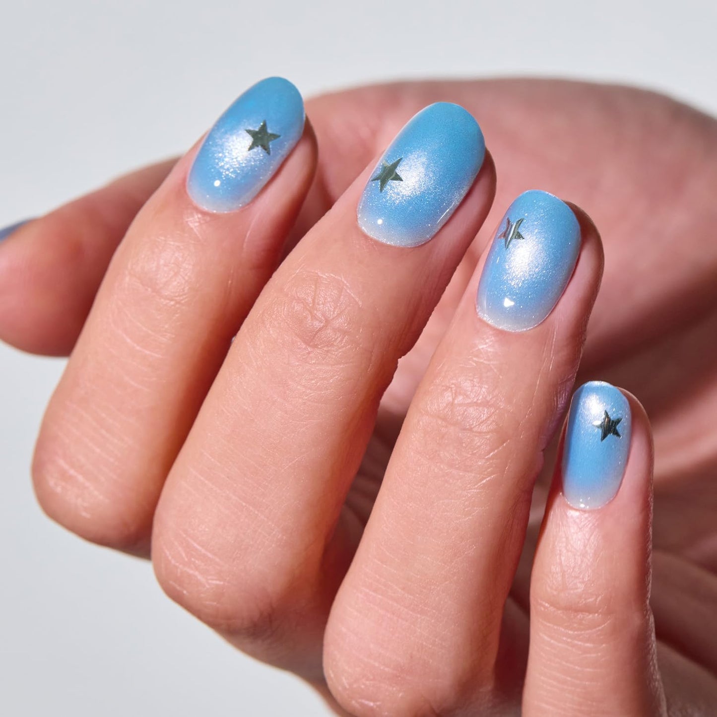 ohora Semi Cured Gel Nail Strips (N Ocean Stars) - Blue, Art, Works with Any Lamps, Salon-Quality, Long Lasting, Easy to Apply & Remove - Includes 2 Prep Pads, Nail File & Wooden Stick