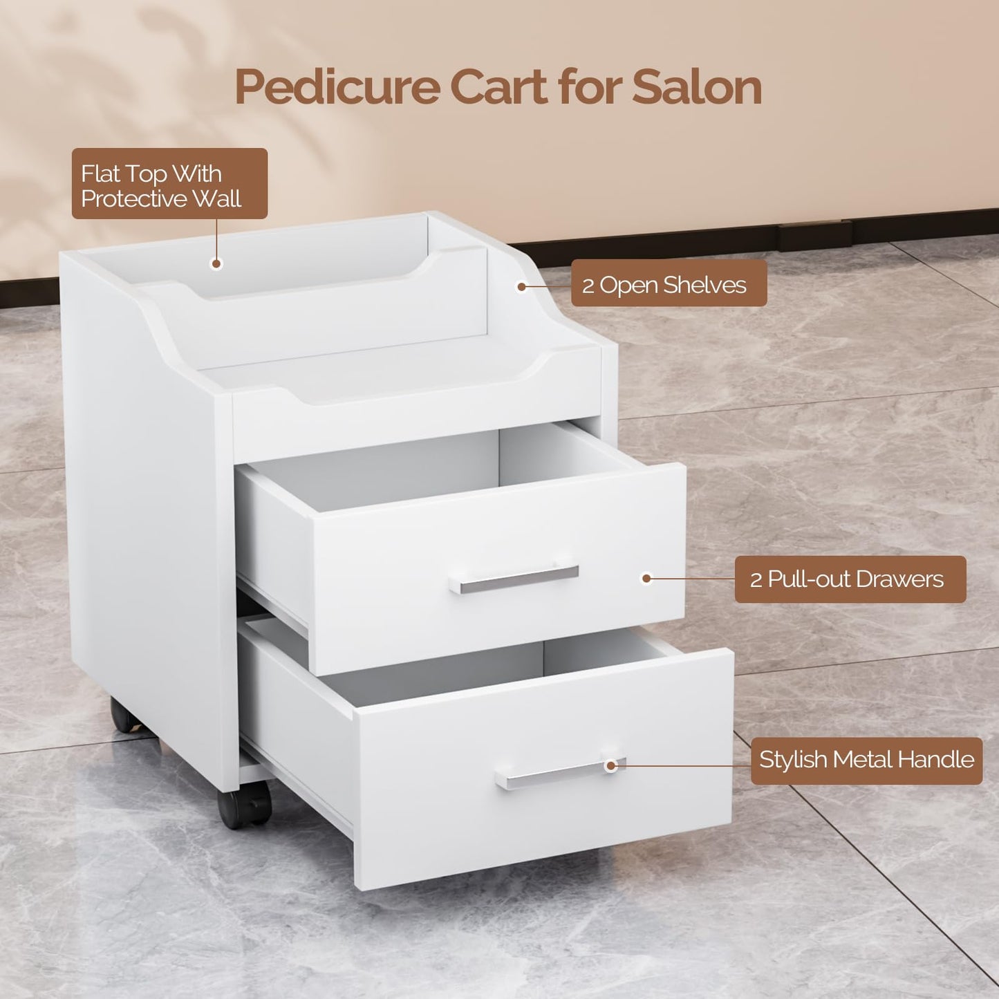 OmySalon Pedicure Cart, Foot Bath Trolley with 2 Storage Drawer, Portable Nail Esthetician Cart for Manicure & Foot Massage, Beauty Spa Supplies with Locking Wheels, Upgrade White