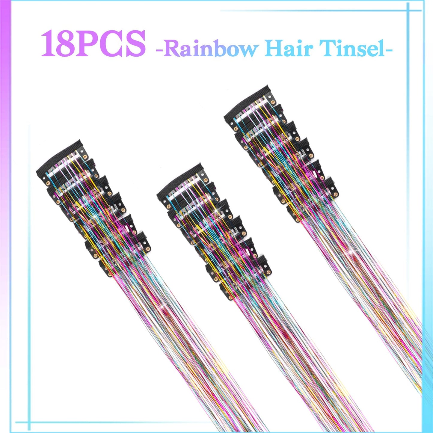 Qianyu 18 Pcs Hair Tinsel Clip in Colorful Glitter Tinsel Hair Extensions Shiny Sparkling Fairy Clips Party Dazzling Head Accessories for Festival Kids Women Girls (Rainbow)
