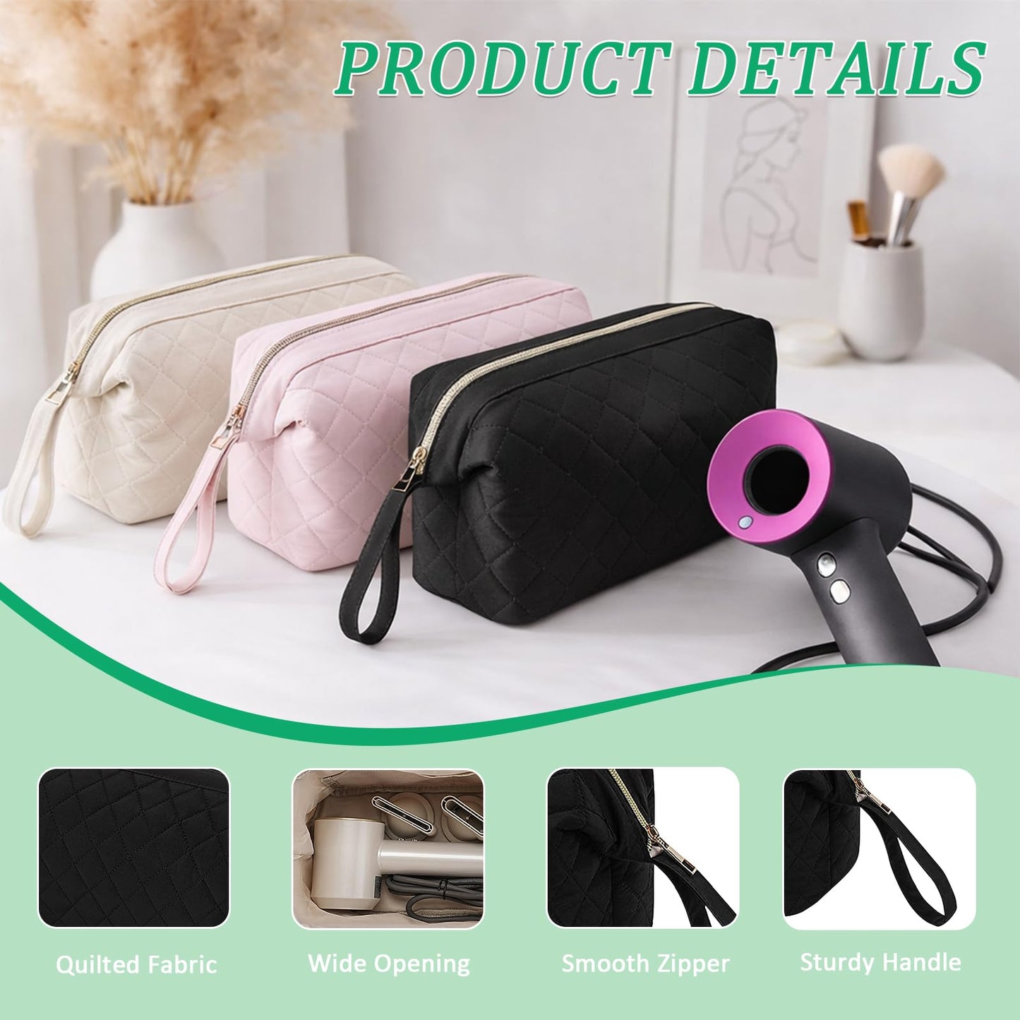 Pierides Quilted Hair Tools Travel Organizer Bag,Portable Large Hair Styling Accessories Storage Case for Flat Irons,Straightener,Curling Iron,Hair Dryer (Black)