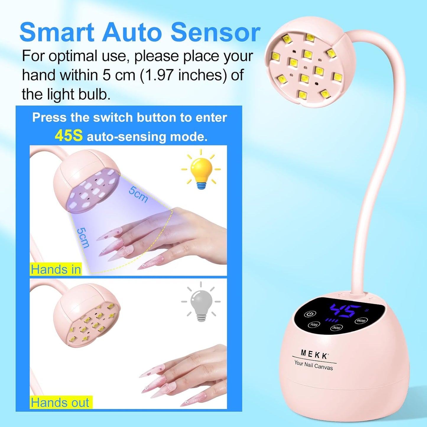 Gooseneck UV LED Nail Lamp - 36W Cordless Mini Light for Gel Nails | Auto Sensor, 4 Timers, Pink Flower Design