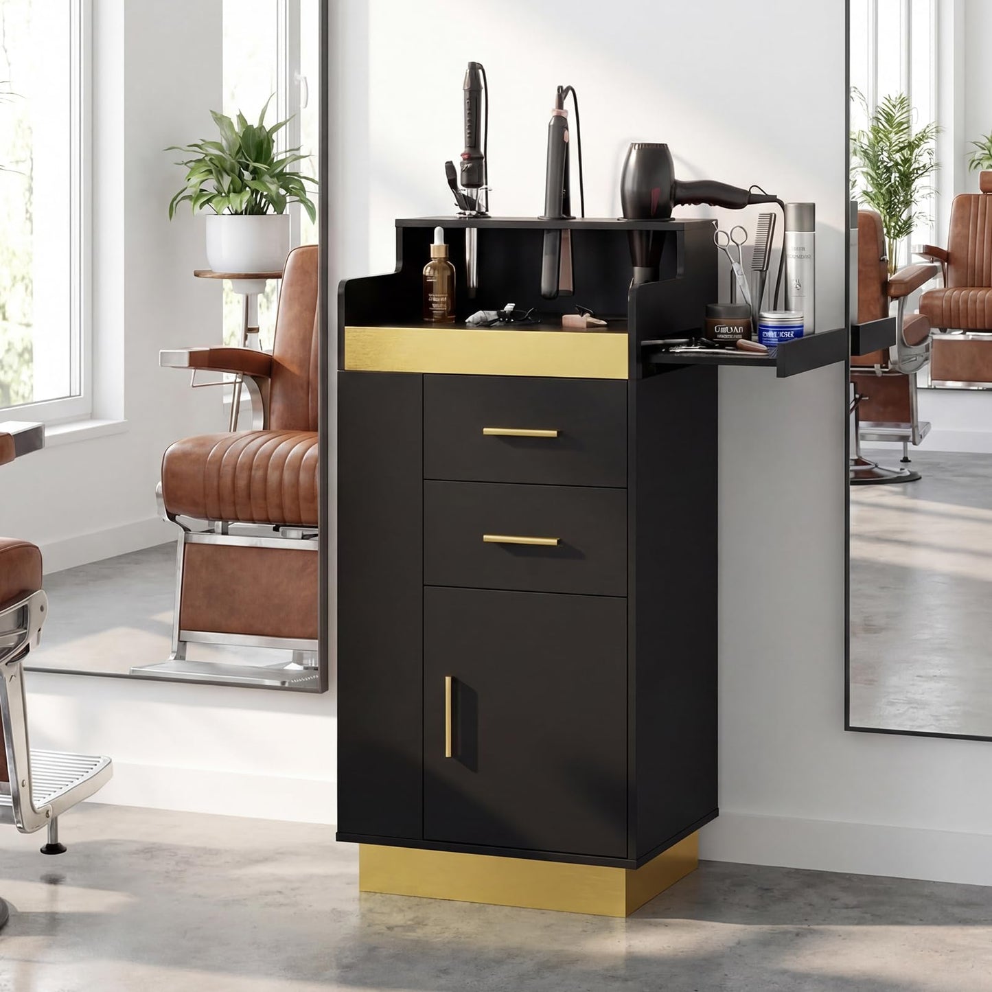 Oakvera Salon Station for Hair Stylist, Barber Station Salon Storage Systems with 3 Hot Tools Holders, a Tray, a Large Storage Cabinet & 2 Drawers for Barbershop, Beauty & Nail Salon, Black