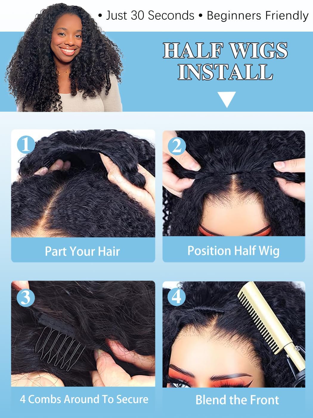 Burmese Curly Human Hair Flip Over Half Wig - 26 Inch Glueless Drawstring Headband for Black Women