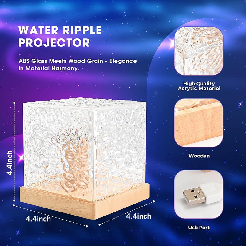 LEKEONE Ocean Wave Projector Light, 16-Color Luminorthe Cube Lamp and App Remote, 3D Holographic Water Ripple Romantic Ambient Lighting for Child's Room, Party, Night Light-4.4inch (Blue)