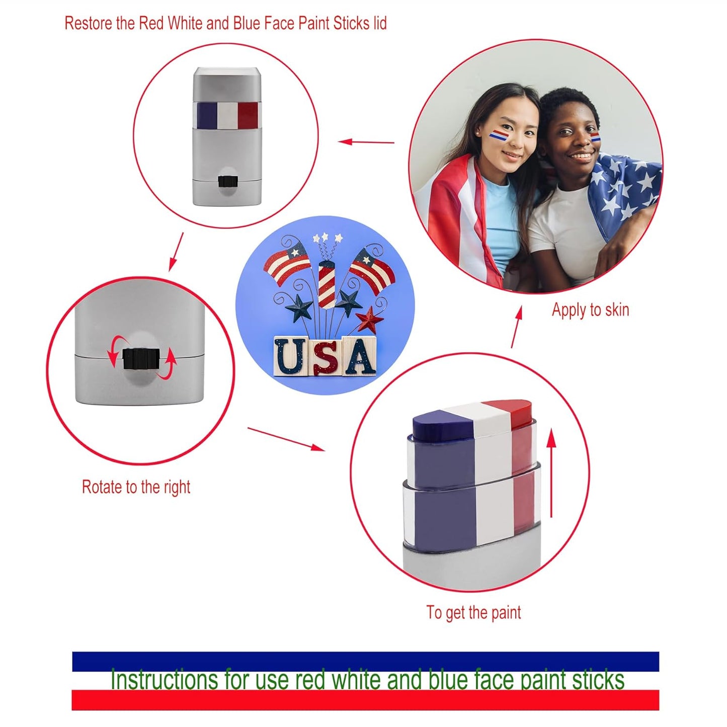 Face Paint Sticks - 4 Pcs Red, White & Blue for Sports | Perfect for Football, Rugby, Softball & More