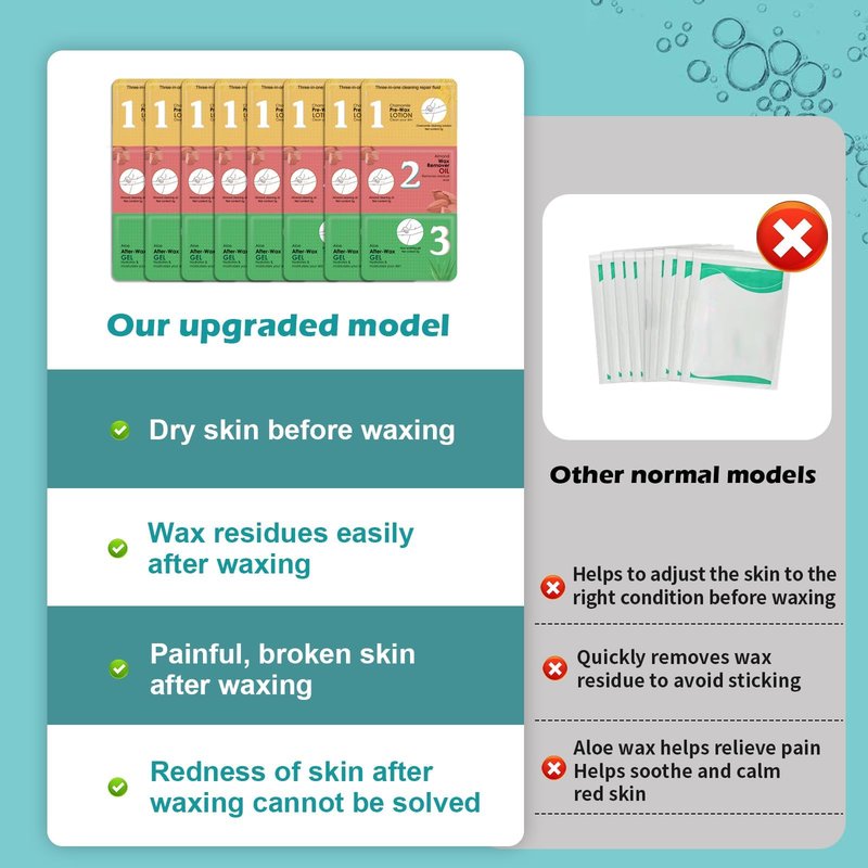Pre and Post Waxing Essentials - Chamomile Cleanser, Almond Oil Remover, Cooling Aloe Vera Gel, 3 Packs x 8 Set