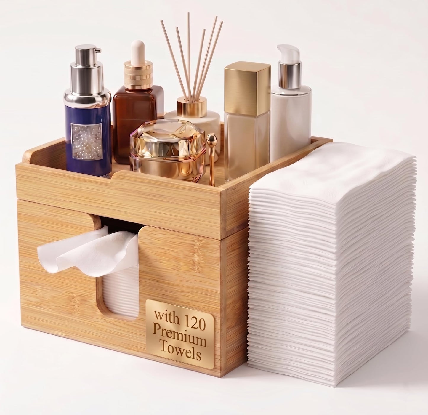 Qoieua Face Towel Holder with Tray, Bamboo Organizer for Vanity