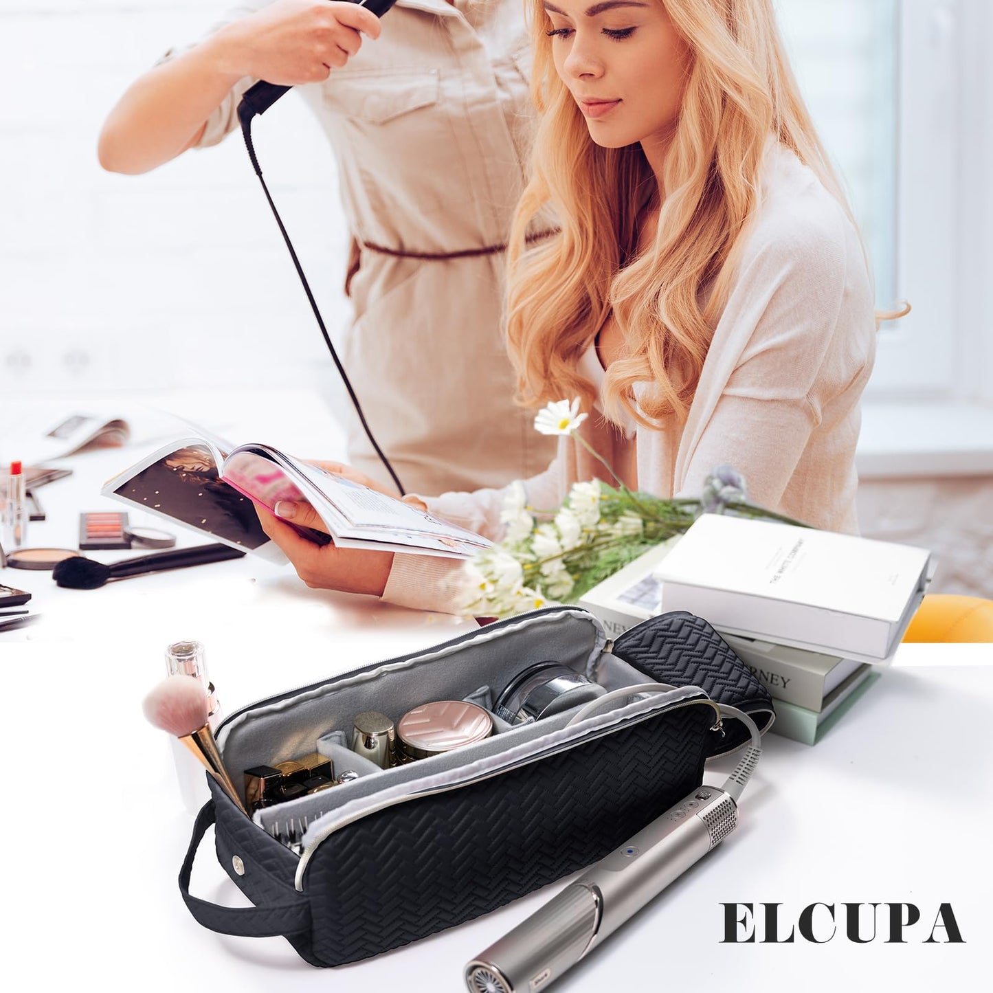 ELCUPA Large Hair Tools Travel Bag Compatible with Shark FlexStyle, Revlon & Dyson | Hair Dryer Brush Organizer, Flat Iron, Curling Iron, Makeup & Cosmetic Bag for Travel Essentials