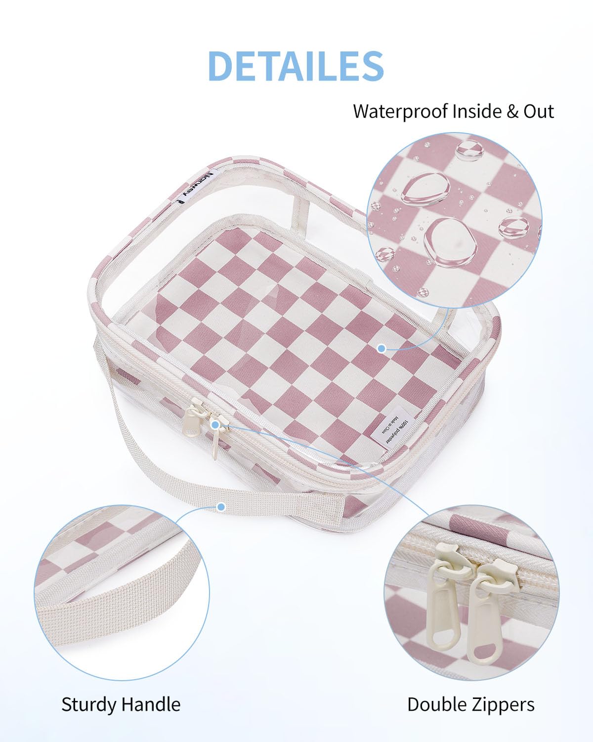 Narwey TSA Approved Clear Toiletry Bag for Travel Waterproof PVC Clear Makeup Bags, Portable Compact Cosmetic Bag Make Up Organizer, Airport Airline Quart Size Compliant Bag (Light Brown Checkerboard)