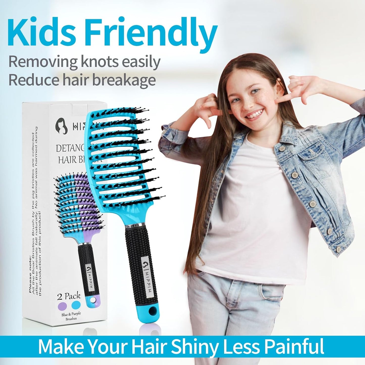 Boar Bristle Hair Brush Set - Curved Vented Detangler for Kids & Men | Adds Shine to Thick Curly Hair