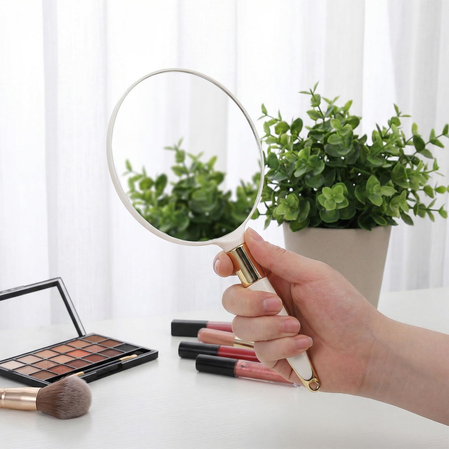 Zyghjort Round Hand Held Mirror with Handle, White Handheld Makeup Mirror