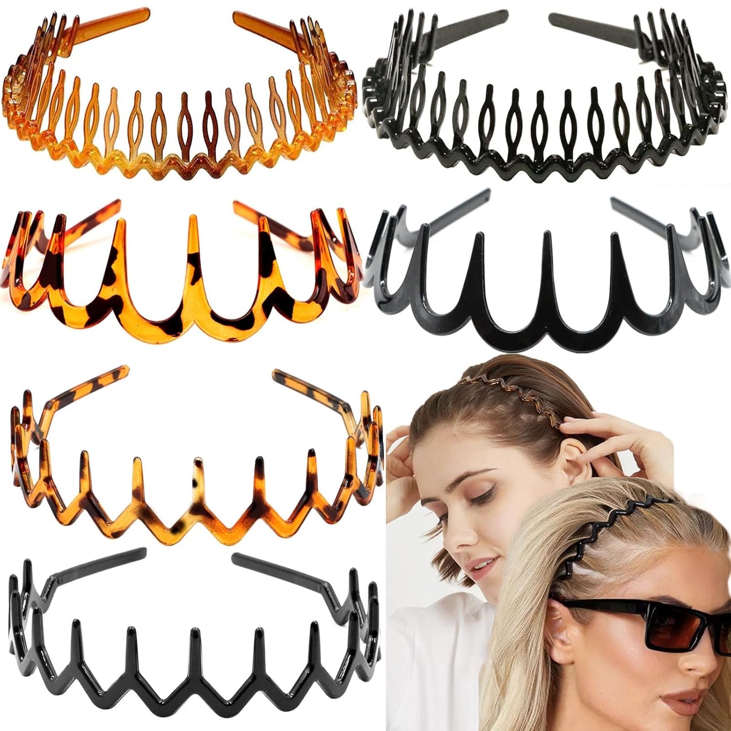 Zig Zag Headbands - 6 PCS Plastic Wavy Hair Combs for Women & Girls | Versatile Bright Black Accessories