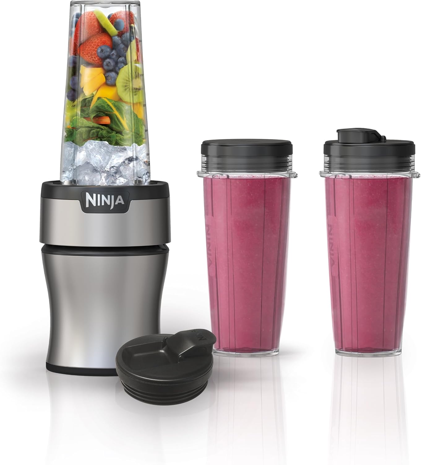 Ninja Nutri-Plus Personal Blender - Compact 900W Blender for Smoothies & Frozen Drinks | 3 To-Go Cups & Lids | Silver