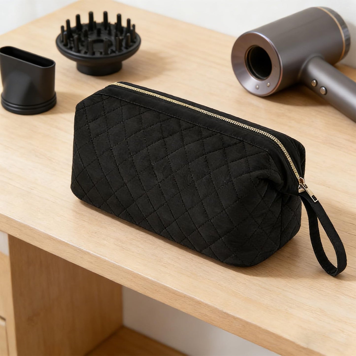 Pierides Quilted Hair Tools Travel Organizer Bag,Portable Large Hair Styling Accessories Storage Case for Flat Irons,Straightener,Curling Iron,Hair Dryer (Black)