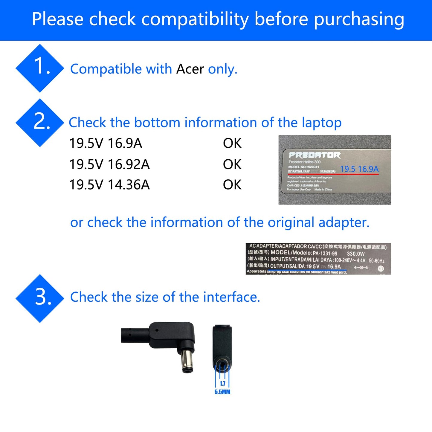 330W Ac Adapter 19.5V 16.92A Replacement A20-330P1A Compatible with Acer Predator Helios 300 N20C11 N20C3 N22C3 Laptop Charger