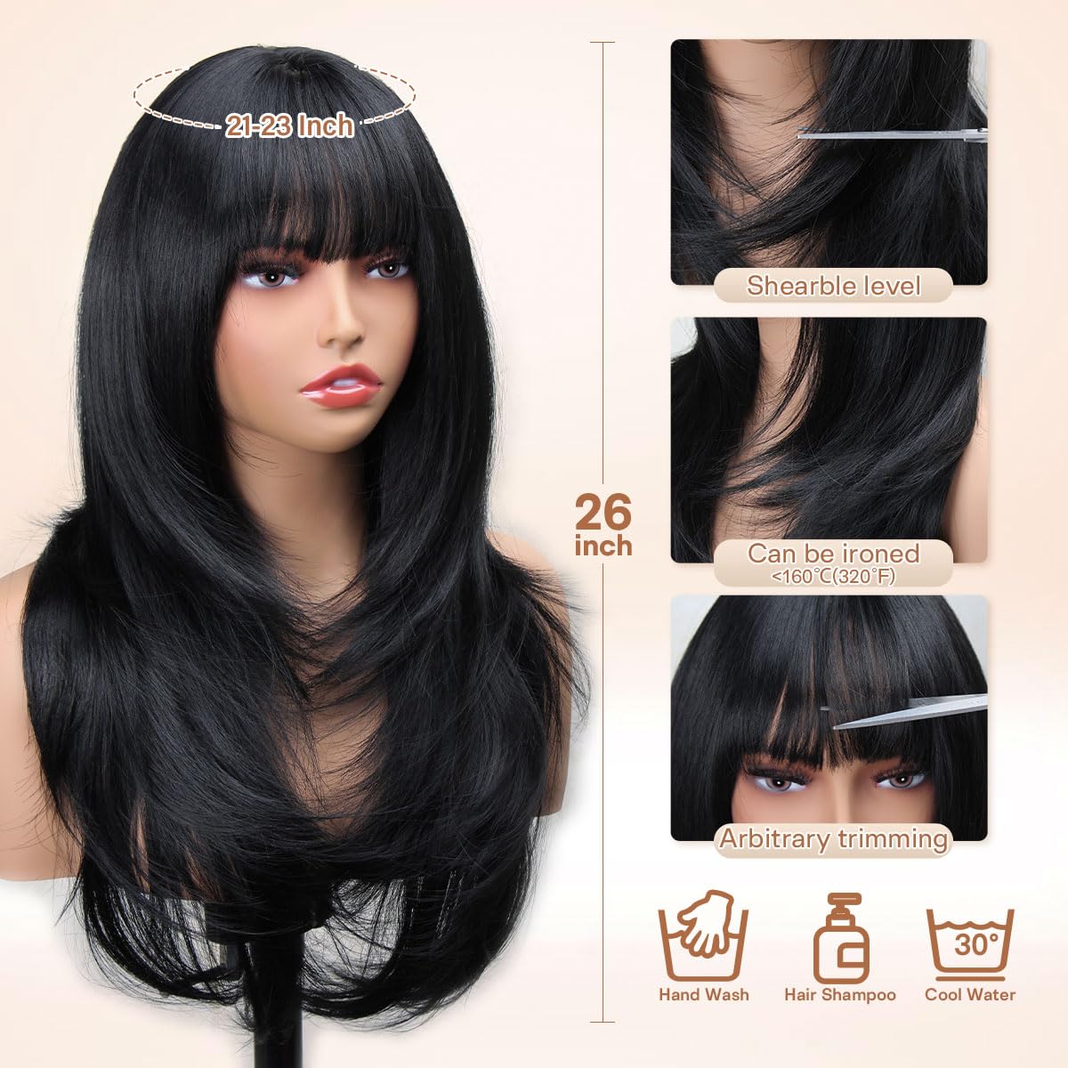 Layered Black Wig with Bangs - 26 Inch Long Synthetic Heat-Resistant Hair | Realistic Scalp Free Parting for Daily & Party Use