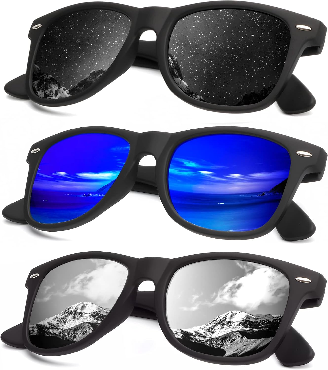 KALIYADI Polarized Sunglasses - Matte Finish, UV Blocking, Color Mirror Lenses | 3-Pack for Men & Women