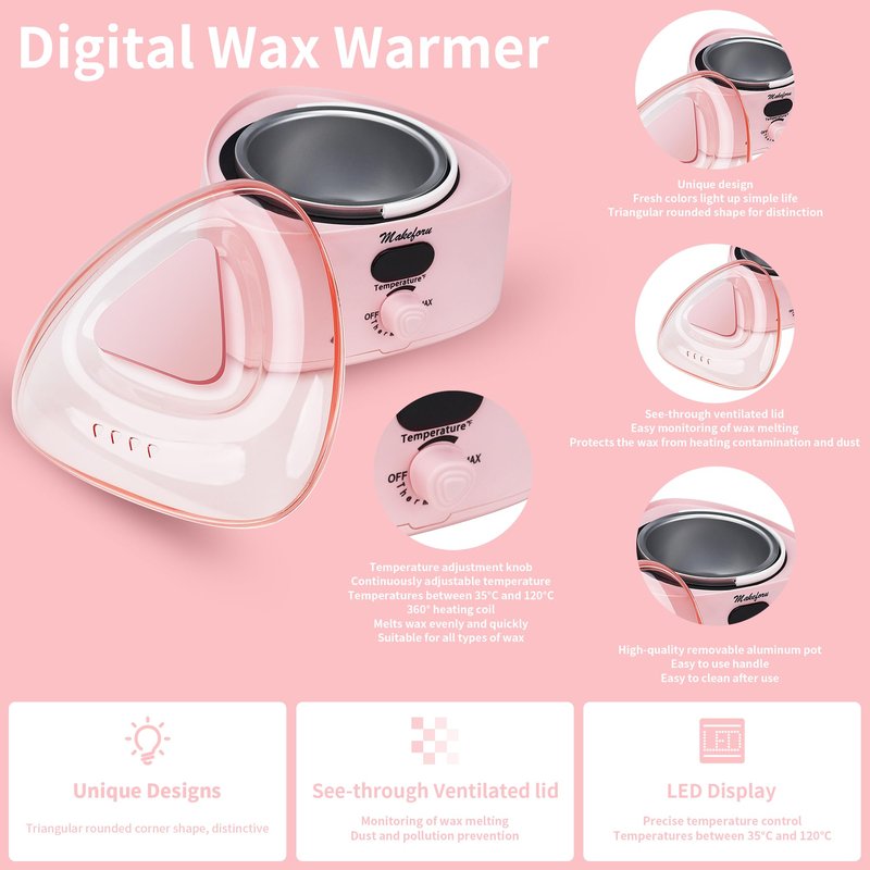 Makeforu Brazilian Waxing Kit - Bikini & Full Body Hair Removal with Digital Warmer, 4 Scented Wax Beads & 27 Silicone Tools - Home Waxing for Women & Men, Face & Body Care (Pink)