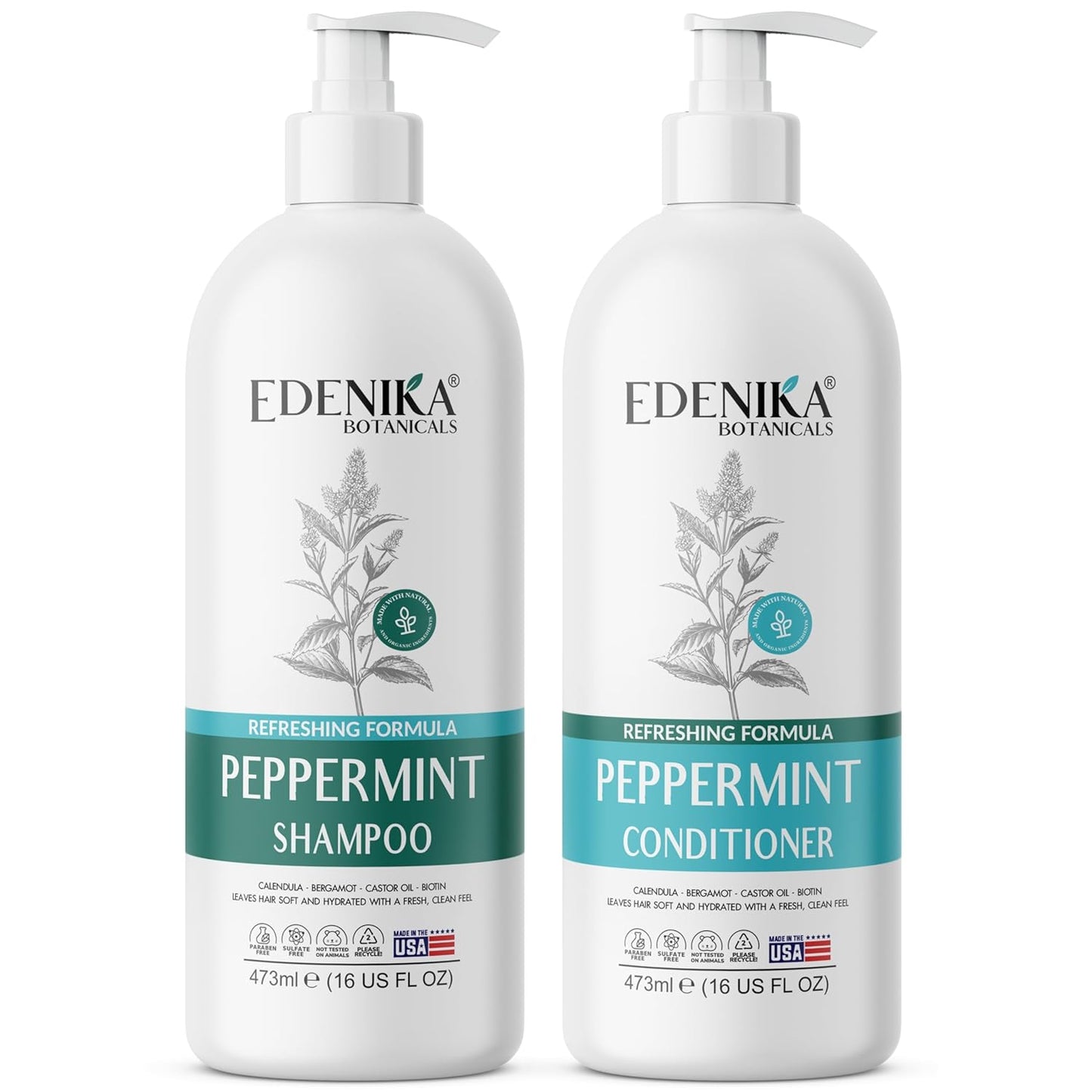 Peppermint Shampoo & Conditioner Set - Soothes Itchy Scalp, Strengthens Hair, Reduces Thinning | 16 fl oz Each