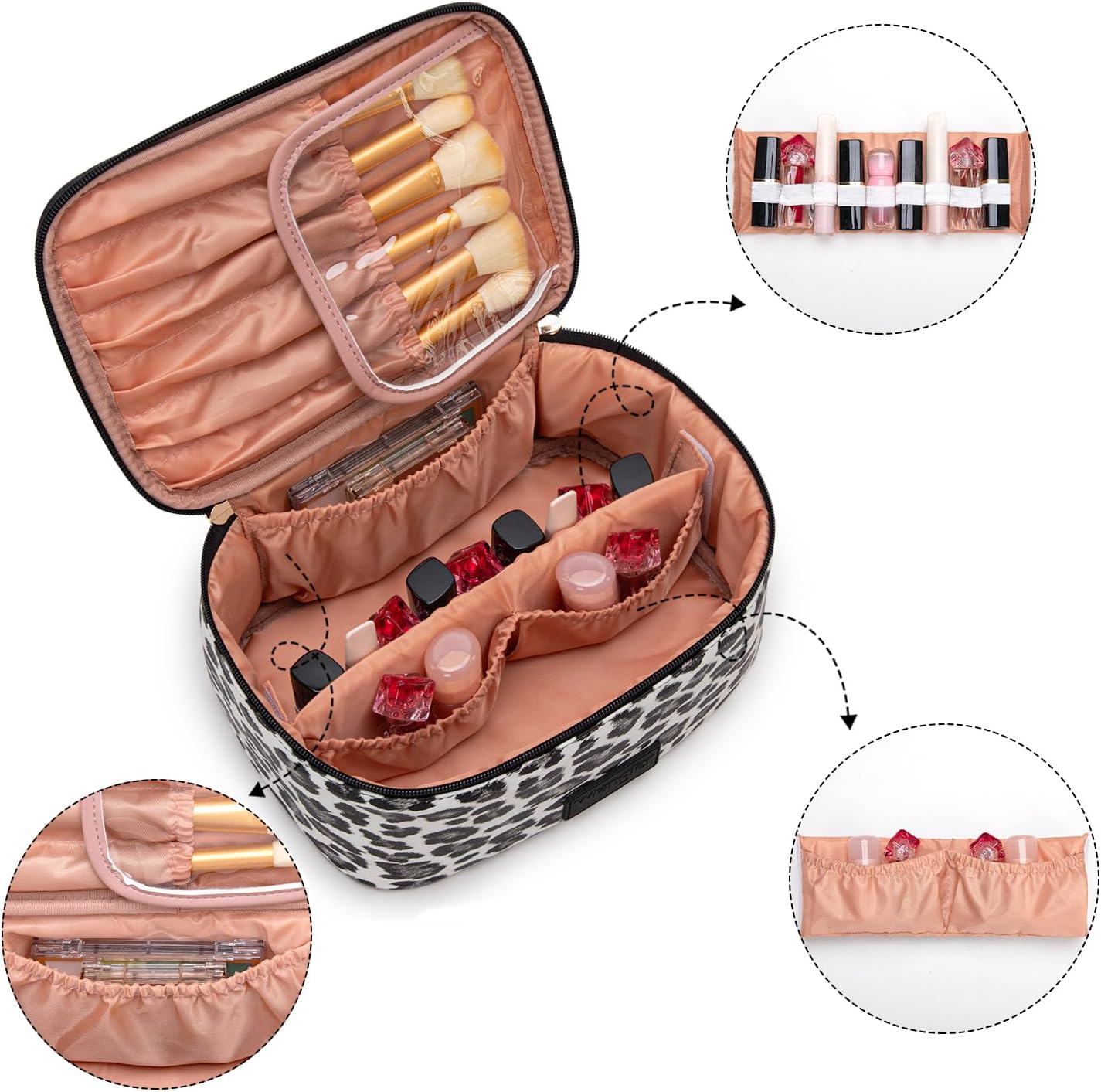 Travel Makeup Bag Set - Large Cosmetic Organizer with Brush Holder & Divider | Portable Toiletry Bag for Women - Leopard Print