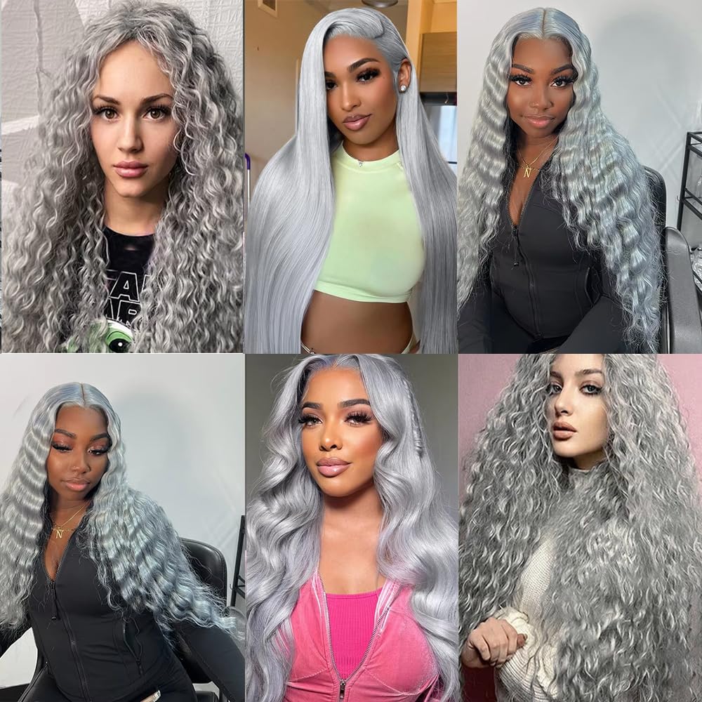 24 26 28 Inch Grey Bundles Human Hair Deep Wave 3 Bundles Brazilian Remy Hair 50 Grams/Bundle 10A Grade Unprocessed Virgin Hairs Silver Grey Deep Wave Bundle Weaves Extensions