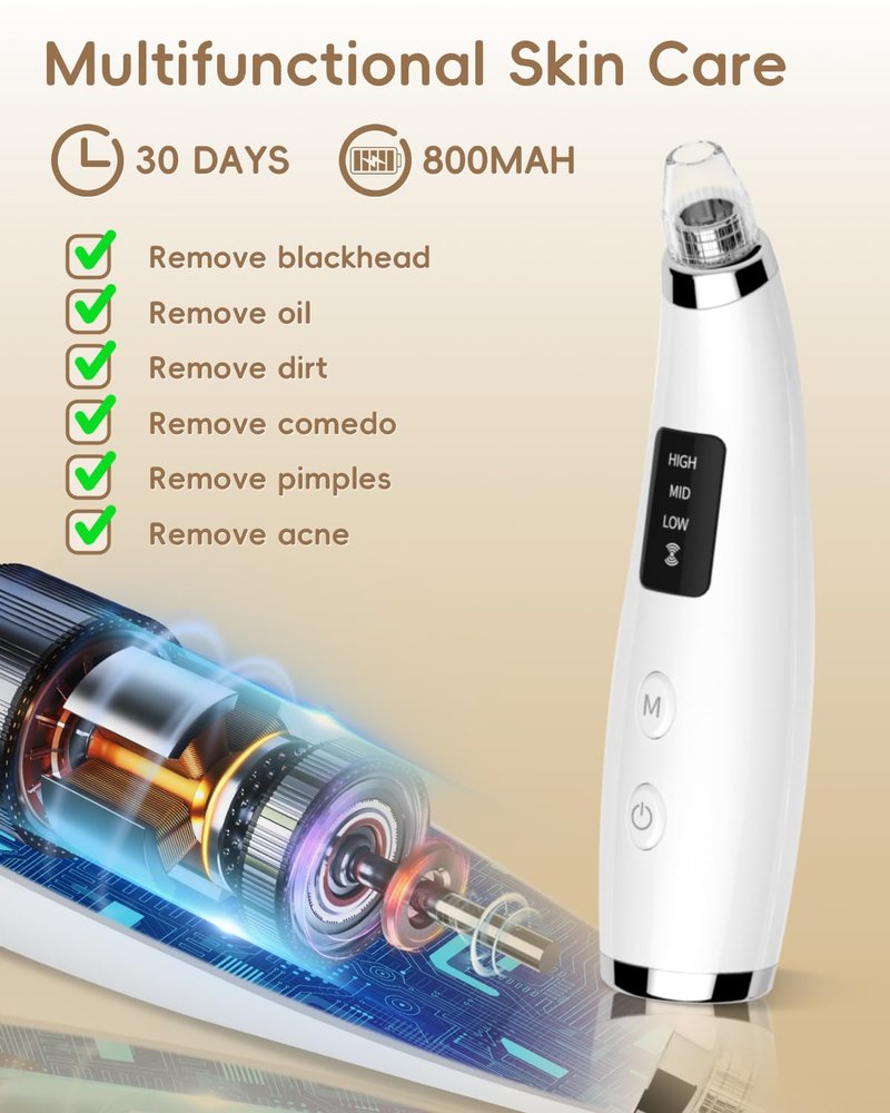 Pore Vacuum Blackhead Remover - Pore Extractor with 5 Attachments & 3 Suction Levels - Blackhead Remover Tools for Women and Men (White)
