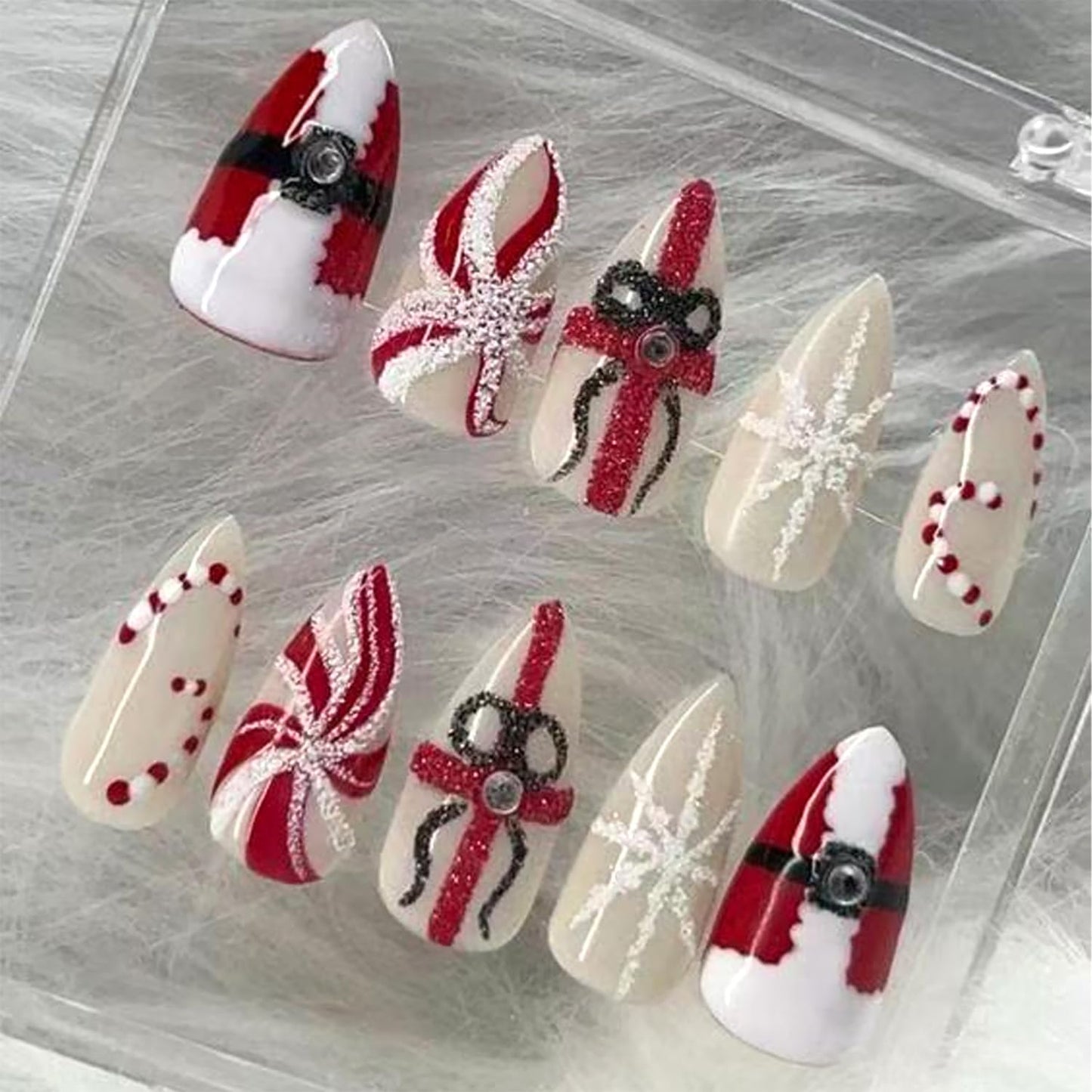 French Tip Press-On Nails - 24 Pcs Medium Almond with 3D Flower & Gold Rhinestones | Full Cover Nude Artificial Nails