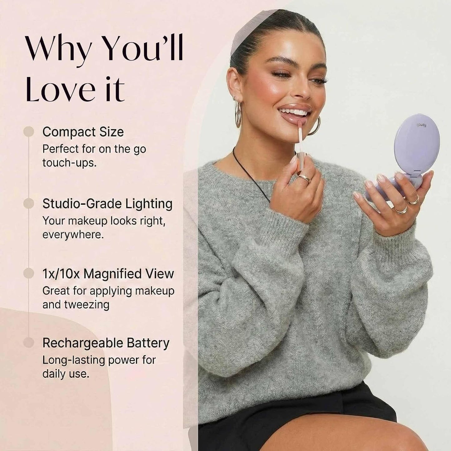 Compact Magnifying Mirror with LED Light - 10x/1x Rechargeable, Dimmable 3 Light Settings | Travel Handheld Mirror in Lilac Bliss
