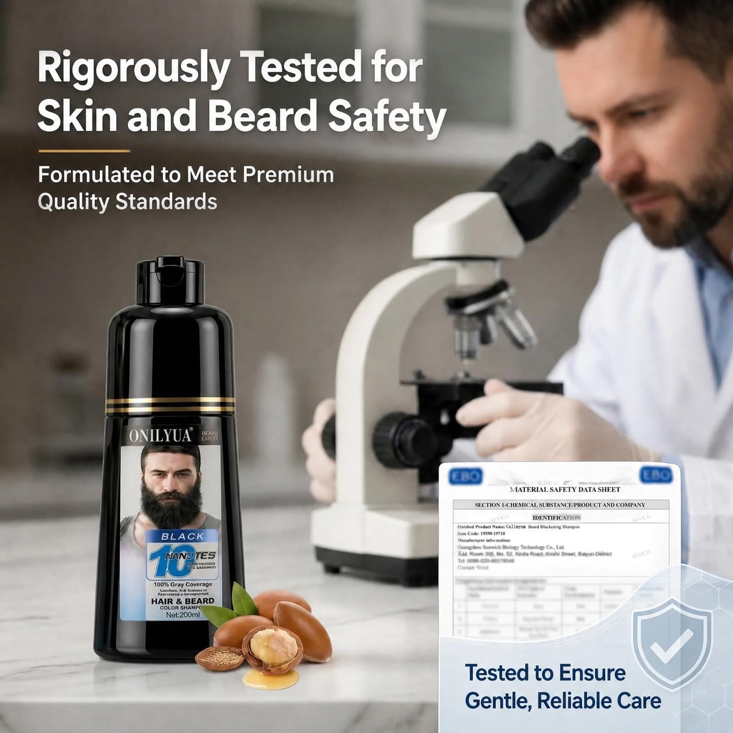 Beard Dye For Men, 10-Minute Instant Gray Coverage, 3 in 1 Brown Mens Beard & Mustache Dye Shampoo with 4-6 Weeks Lasting Color, Nourishing with Argan Oil & Noni Fruit, No-Mess Application 6.76 Fl Oz