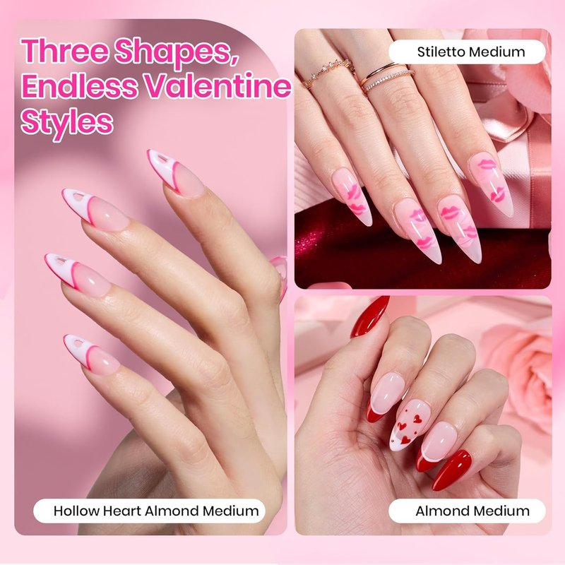 Beetles Nail Kit - Heart Cutout Almond & Stiletto Tips, 192pcs Gel Starter Set with UV Lamp & 6 Colors