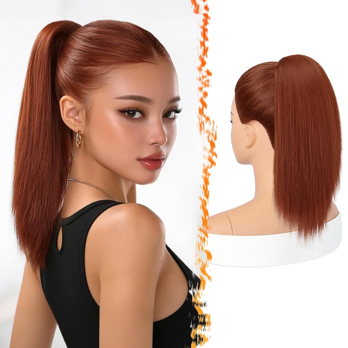 Straight Drawstring Ponytail Extension - 16 Inch Soft Synthetic Hairpiece for Daily Wear | Brown with Blonde Highlights