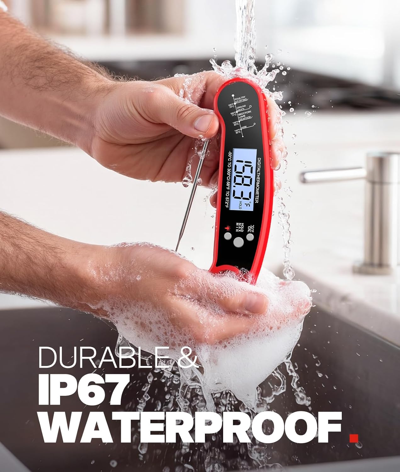 Digital Meat Thermometer - Instant Read Cooking Thermometer for Grilling, BBQ, Air Fryer | Red Color