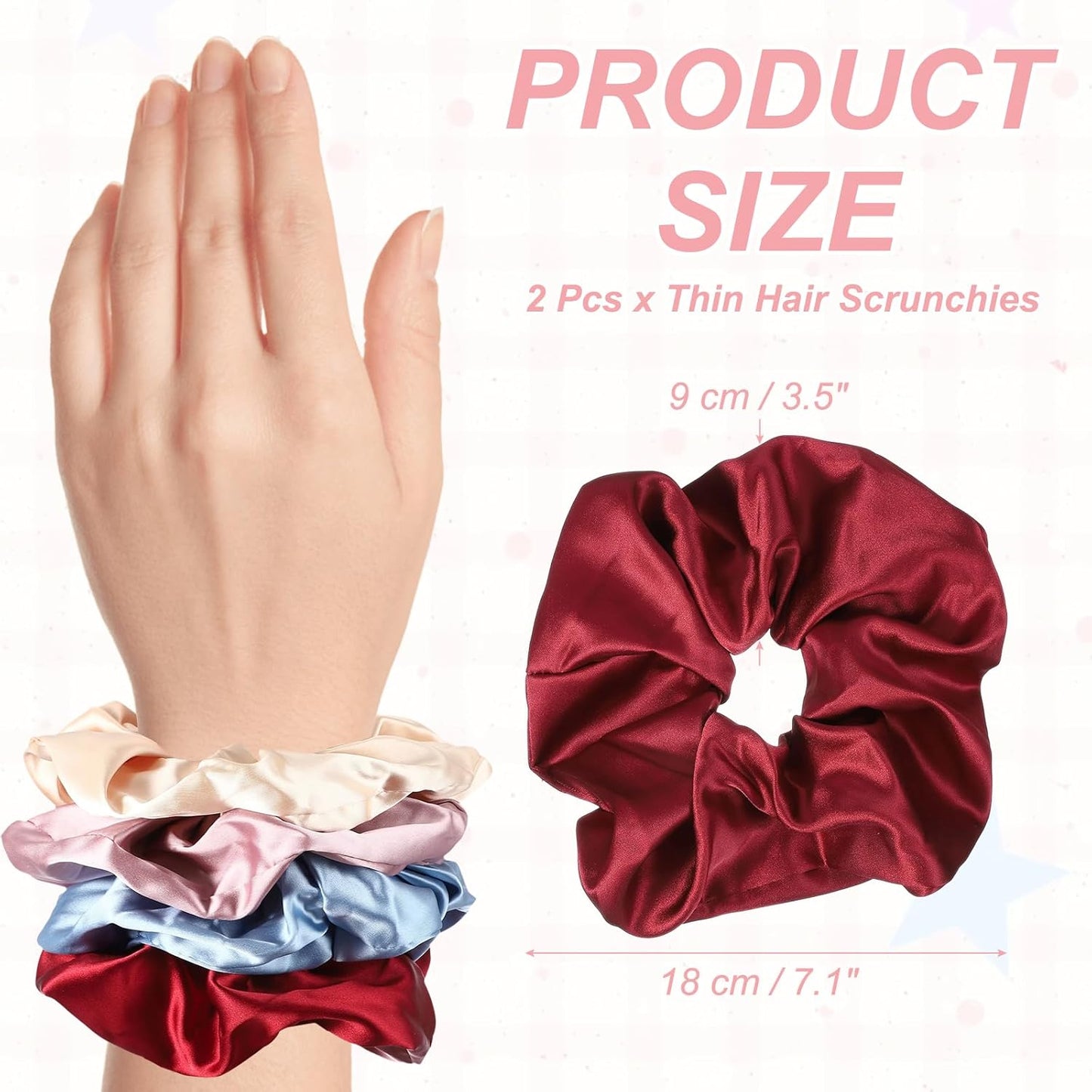 Satin Hair Scrunchies - 2 Pcs Soft Fabric Ponytail Holders for Women | Dark Red