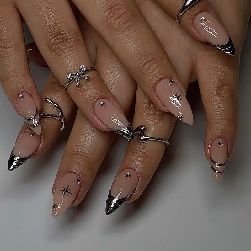 French Tip Press-On Nails - 24Pcs Medium Almond Silver Design | Glossy Full Cover Acrylic with Diamond Accents