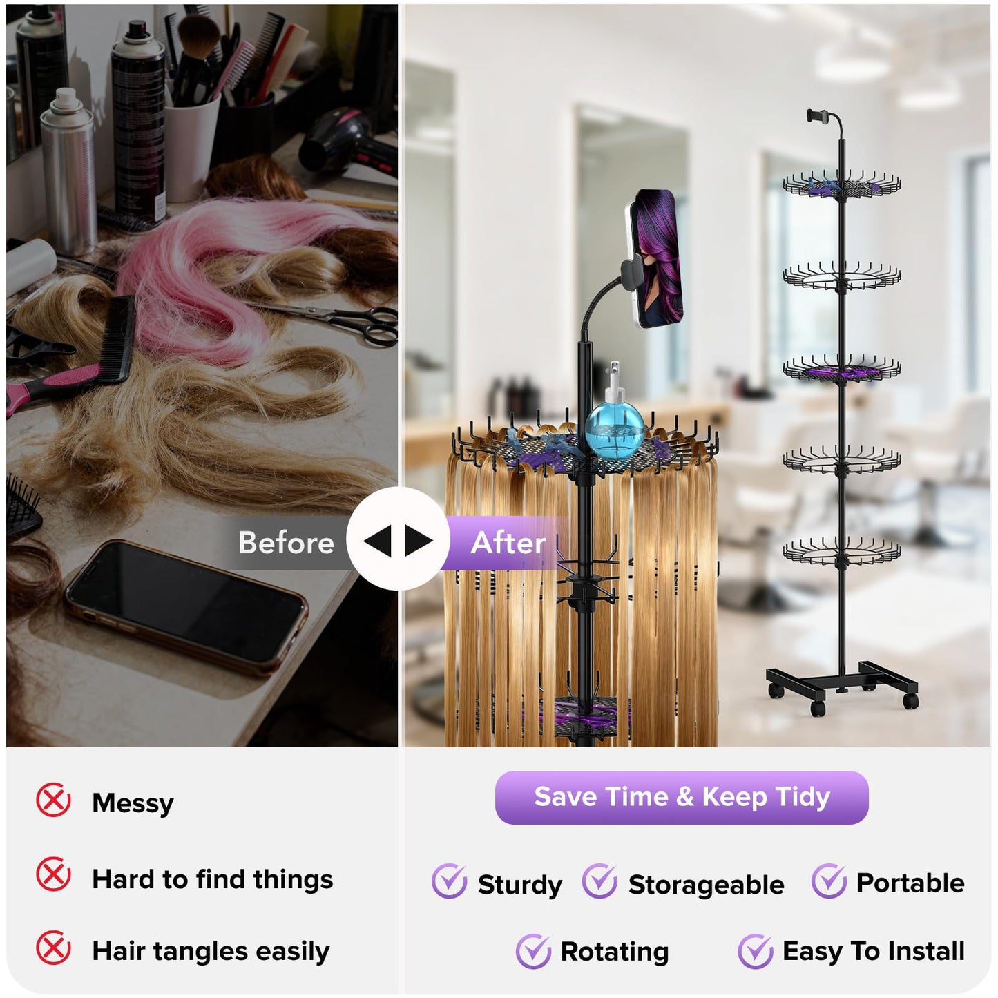 Braiding Hair Rack - Hair Racks for Braiders Standing With Tray and Wheels,140 Pegs Divider Stand & With Phone Holder Adjustable Rotation Hair Stand for Hair Stylist / Salon / Home User (Black)