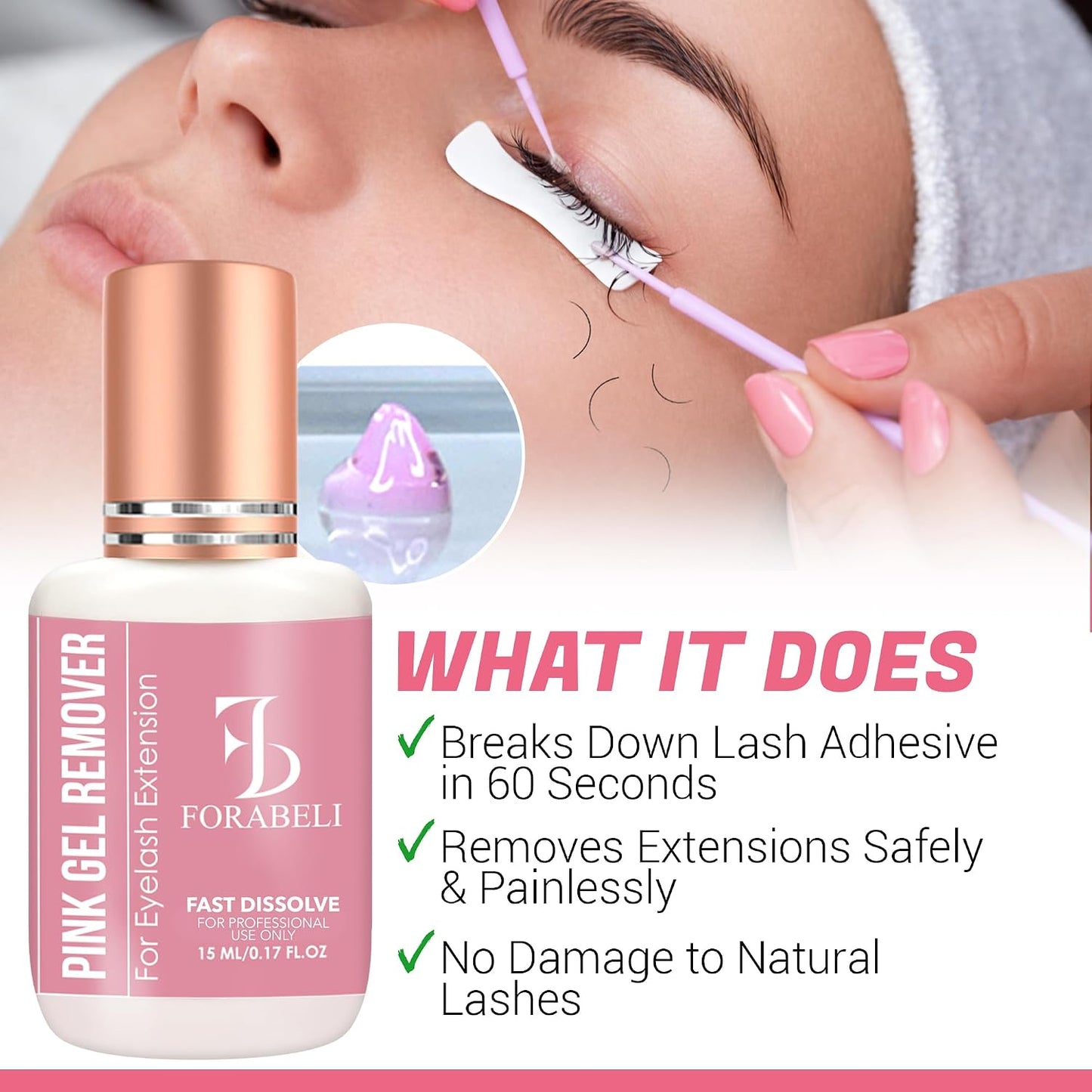 Pink Gel Lash Remover for Eyelash Extensions - Fast Acting 60s Dissolution | Professional Glue Remover | 15ml