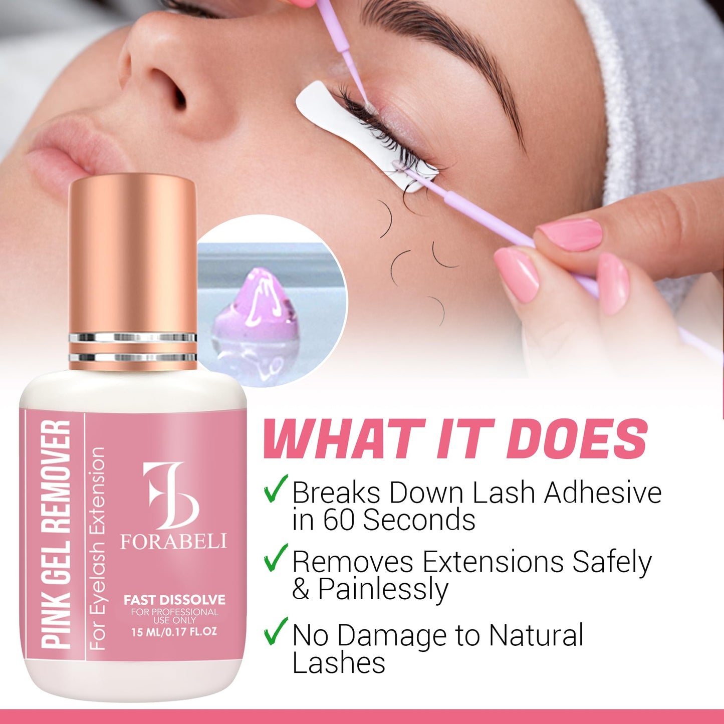 FORABELI Pink Gel Lash Remover for Eyelash Extensions | Fast Acting 60s Dissolution | High Visibility Professional Glue Remover | Gel Type Adhesive Remover | 15ml