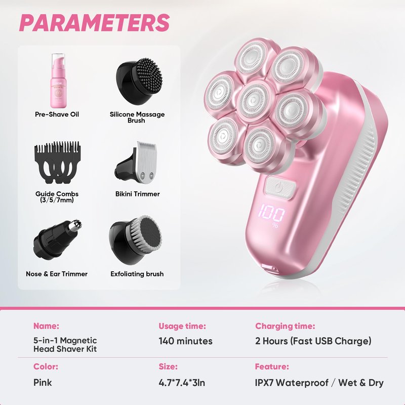 Electric Shaver for Women, Electric Razor with 7D Magnetic Shaver Heads, Wet Dry Waterproof Bald Head Trimmer Kit for Women & Men, Nose Ear Hair Trimmer, USB Rechargeable Clippers, Pink