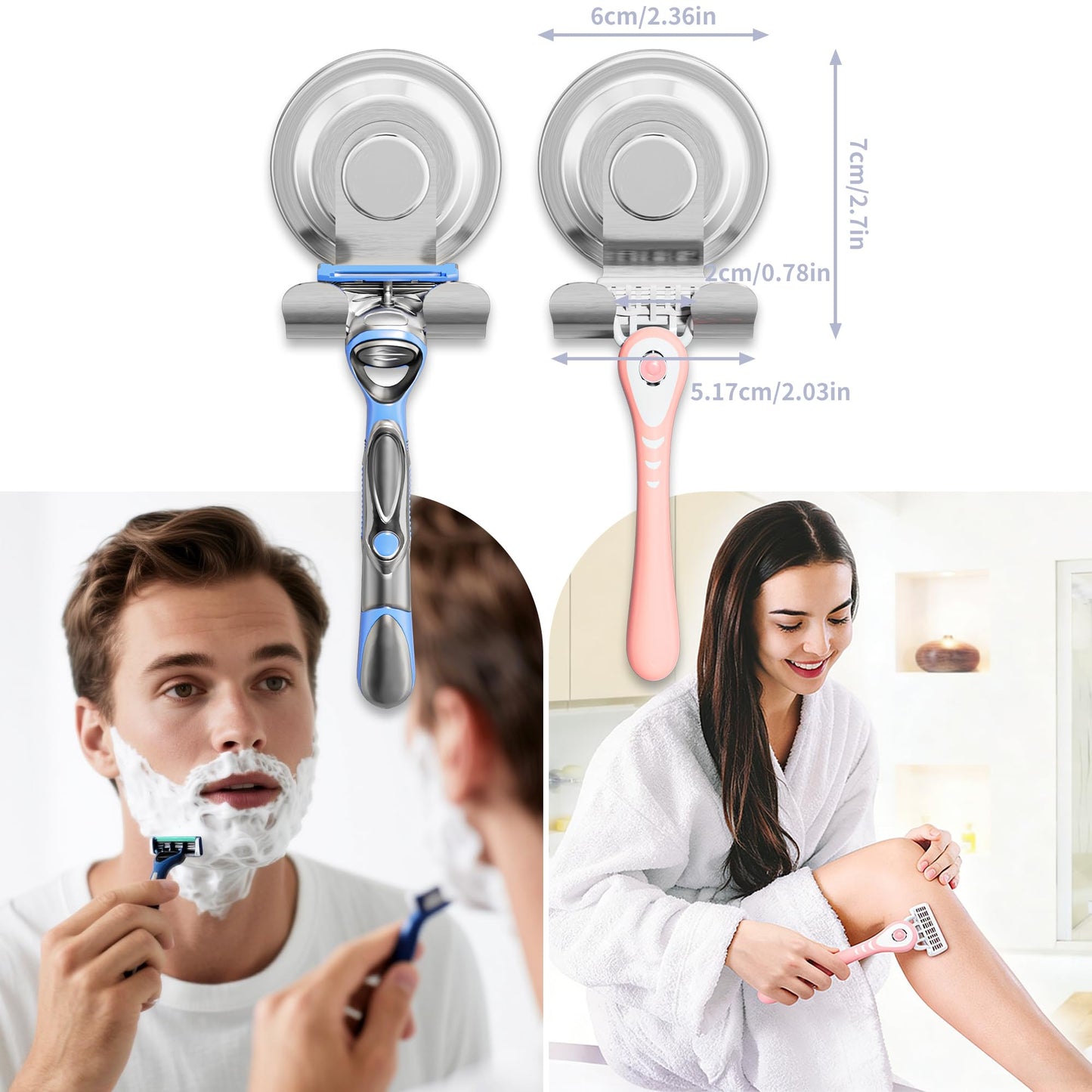 AIDILI Razor Holder for Shower - 2 Pack Suction Shower Razor Holder Suction Cup Hook for Bathroom Wall Heavy Duty Rustproof