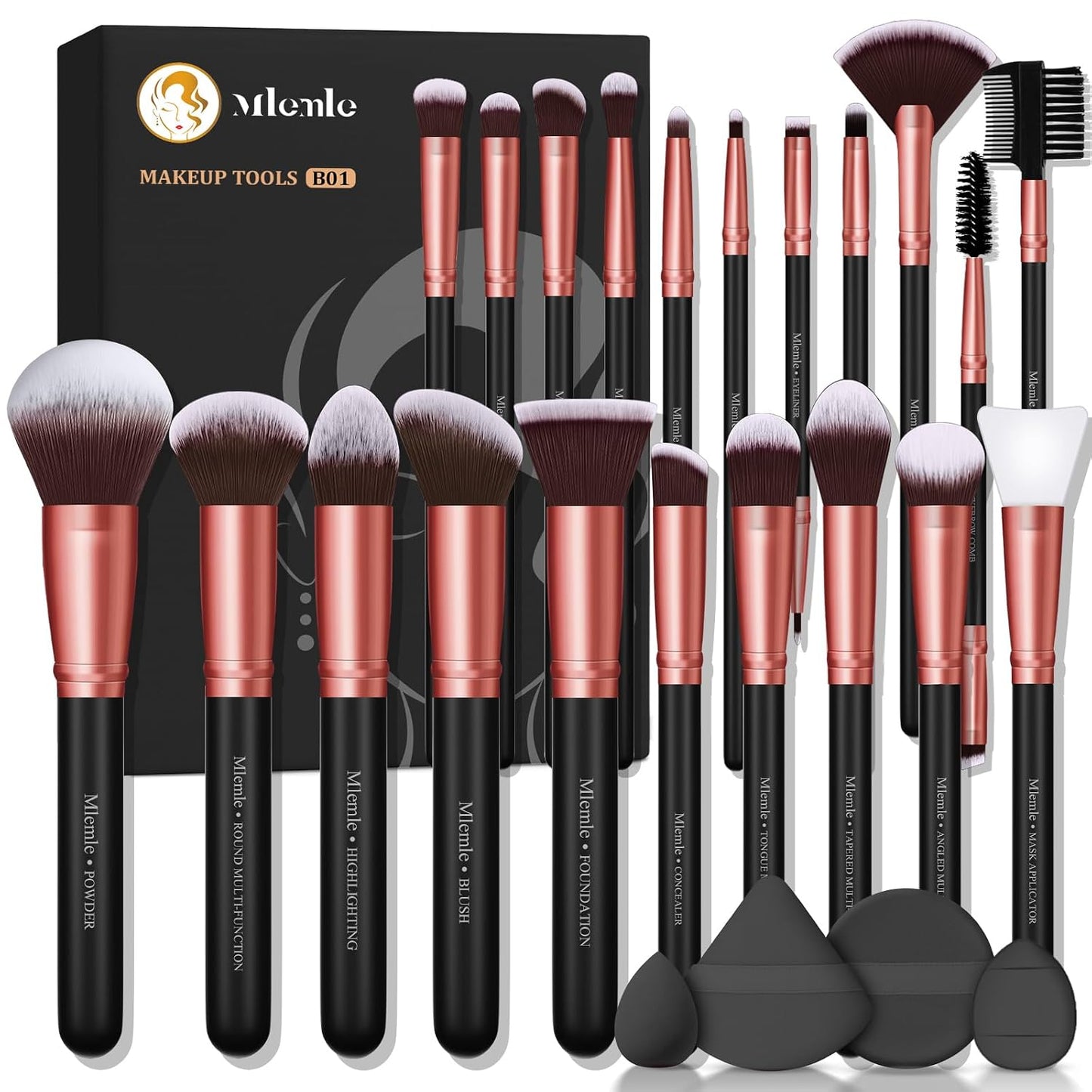 Professional Makeup Brushes Set - 25 Pcs Kit with Foundation, Blush, Eyeshadow Brushes & Sponges | Black