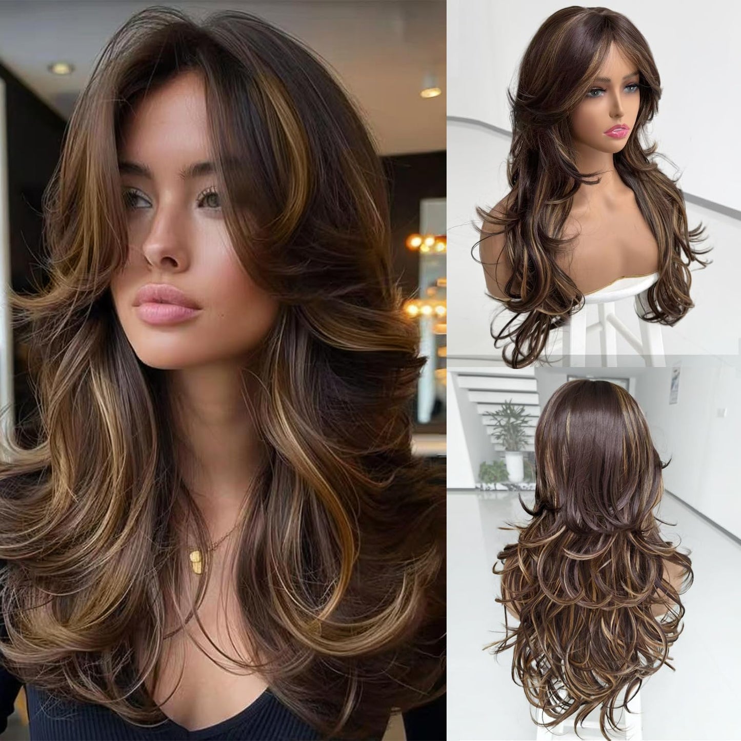 Long Black Wavy Wig for Women - Layered Synthetic Hair with Curtain Bangs | 24-Inch Natural Look