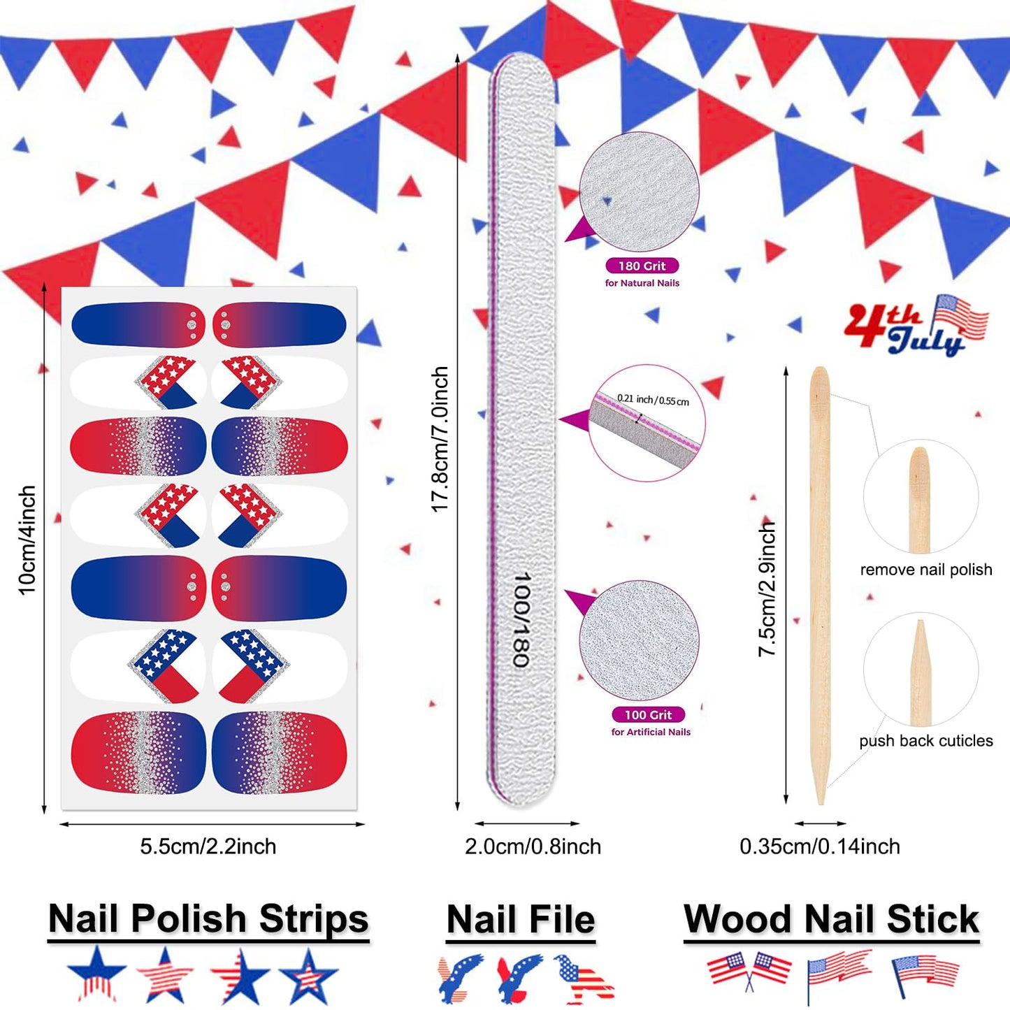 DANNEASY 12 Sheets 4th of July Full Nail Wraps Independence Day Nail Polish Stickers Self-Adhesive Nail Polish Strips Gel Fingernail Stickers for Women with Nail File, Cuticle Stick