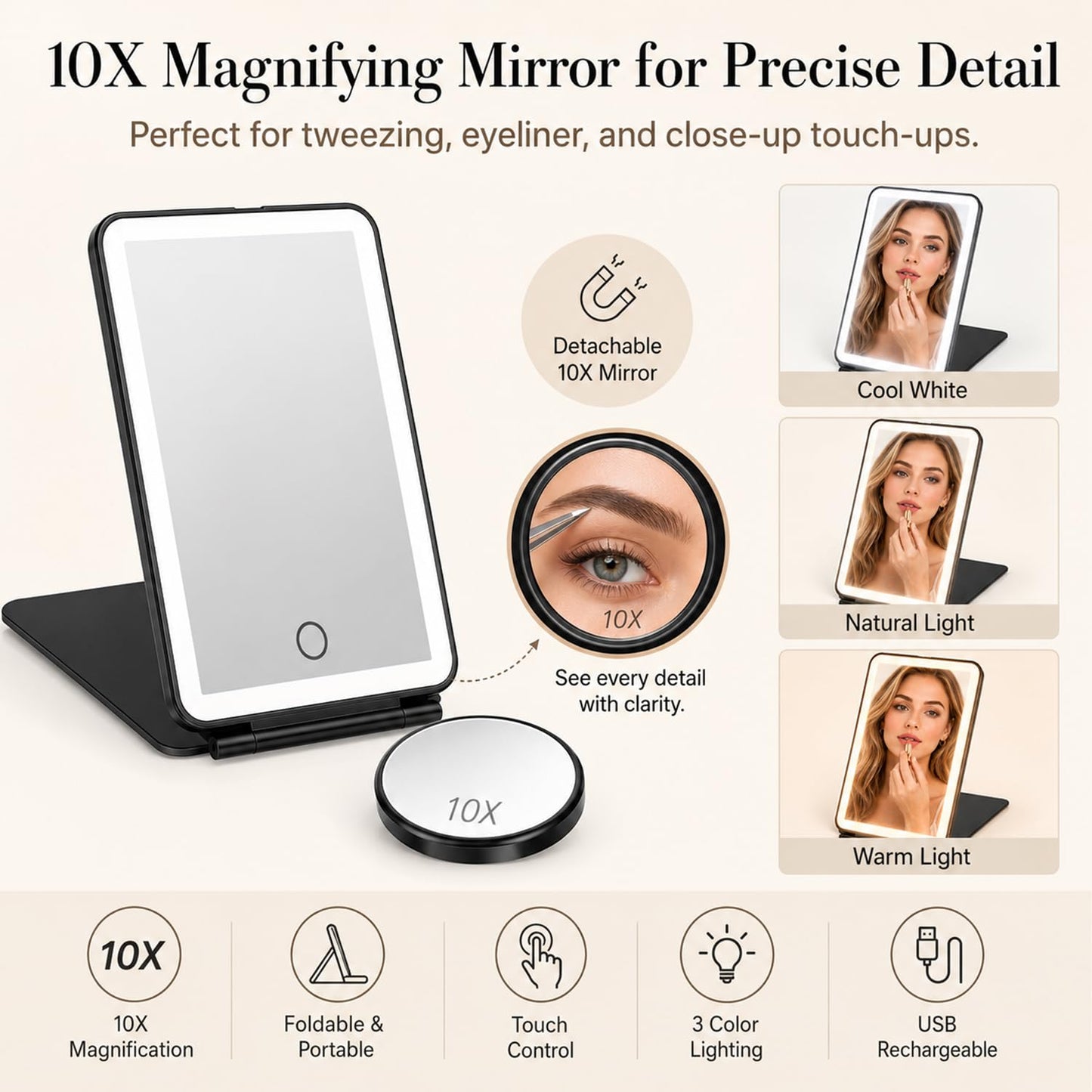 Tyseoome Rechargeable Lighted Makeup Mirror for Travel & Home – Foldable LED Vanity Mirror with Adjustable Brightness, 10X Magnifying Mirror, Portable Cosmetic Mirror for Women, Girls, Beauty Routine