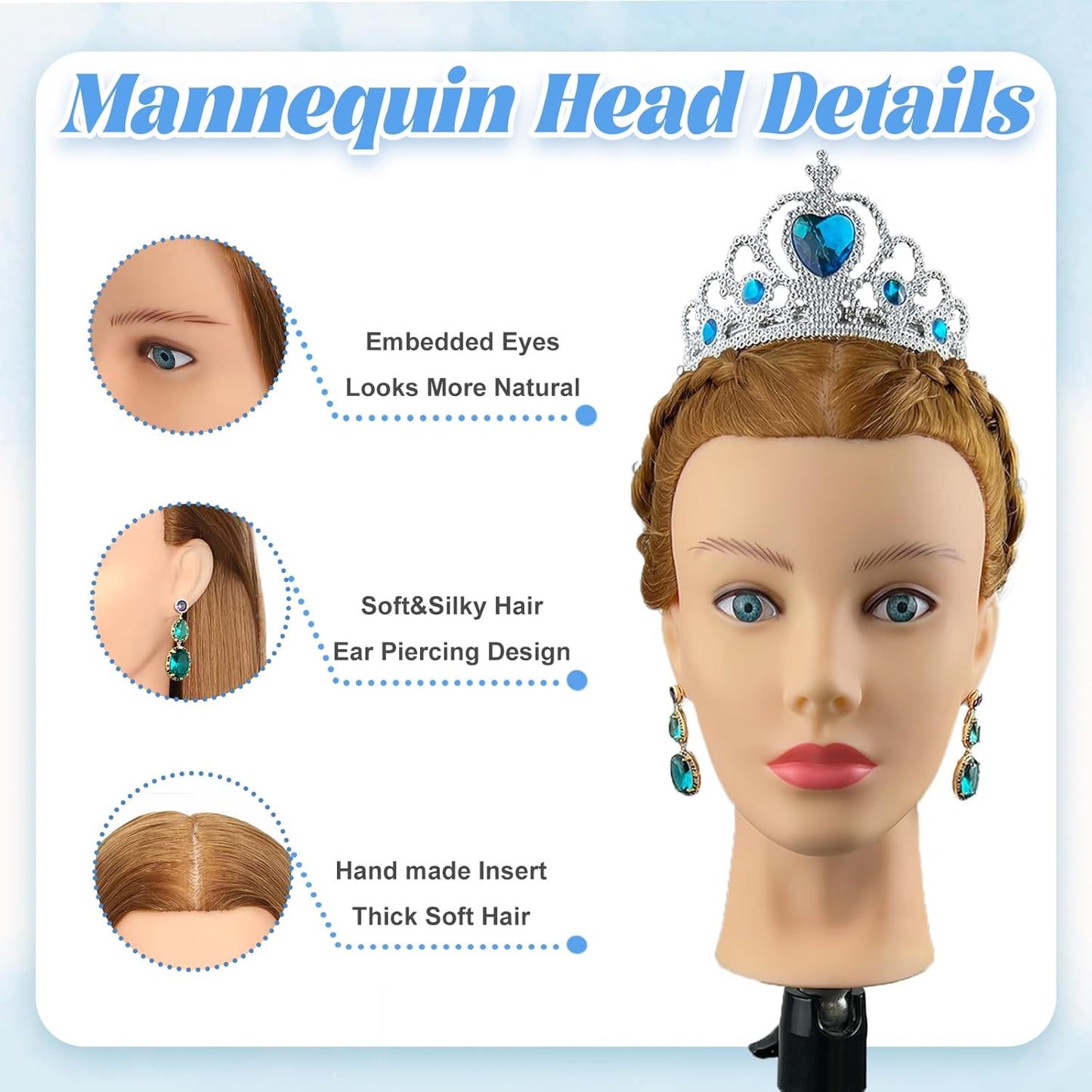 Human Hair Mannequin Head - 80% Real Hair Cosmetology Doll for Hairdresser Practice | Amber Brown with Tripod Stand & Clamp