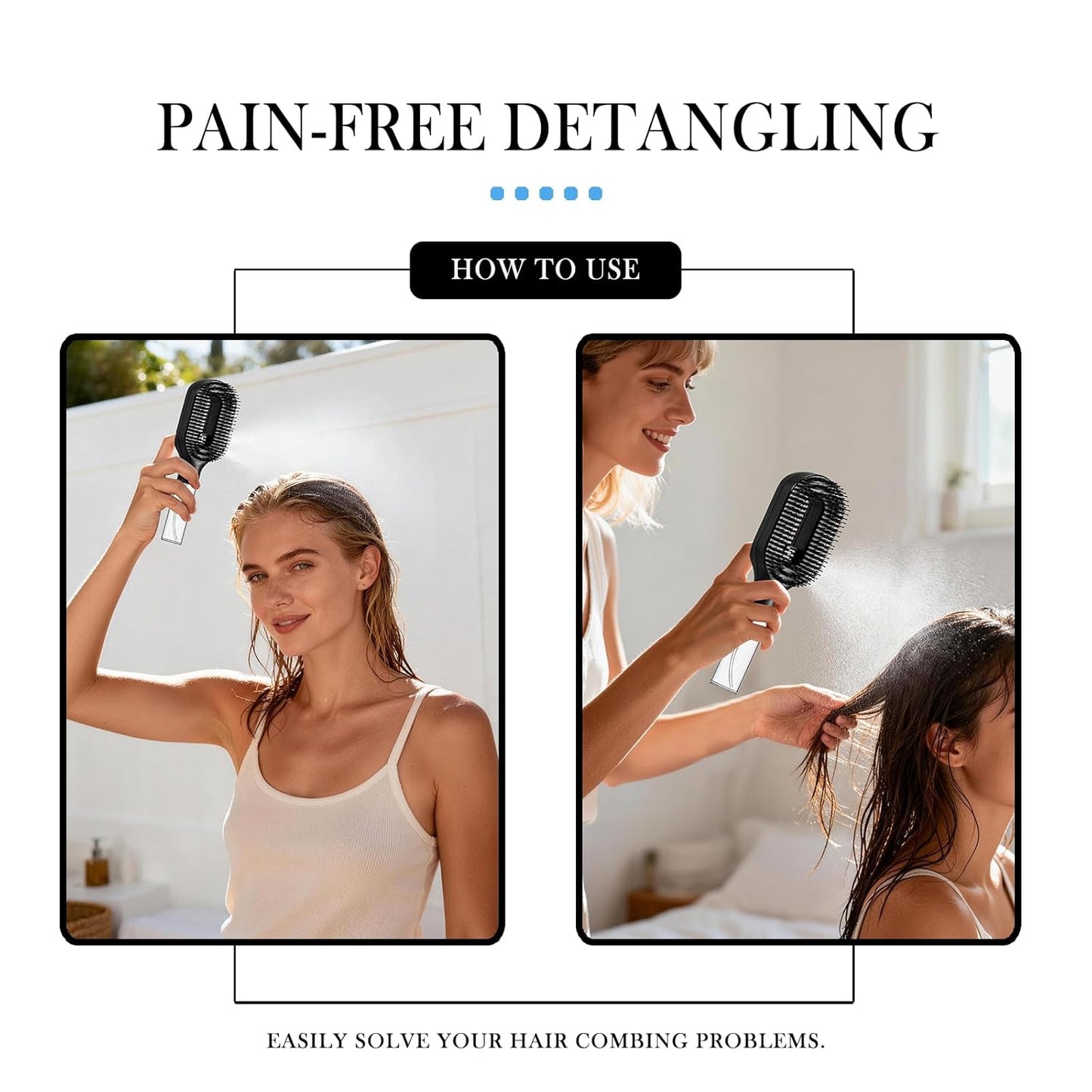 Non-Electric 2-in-1 Detangler Hair Brush with Mister Spray - Wet & Dry for Curly, Wavy & Straight Hair | 50ml Reservoir (Black)