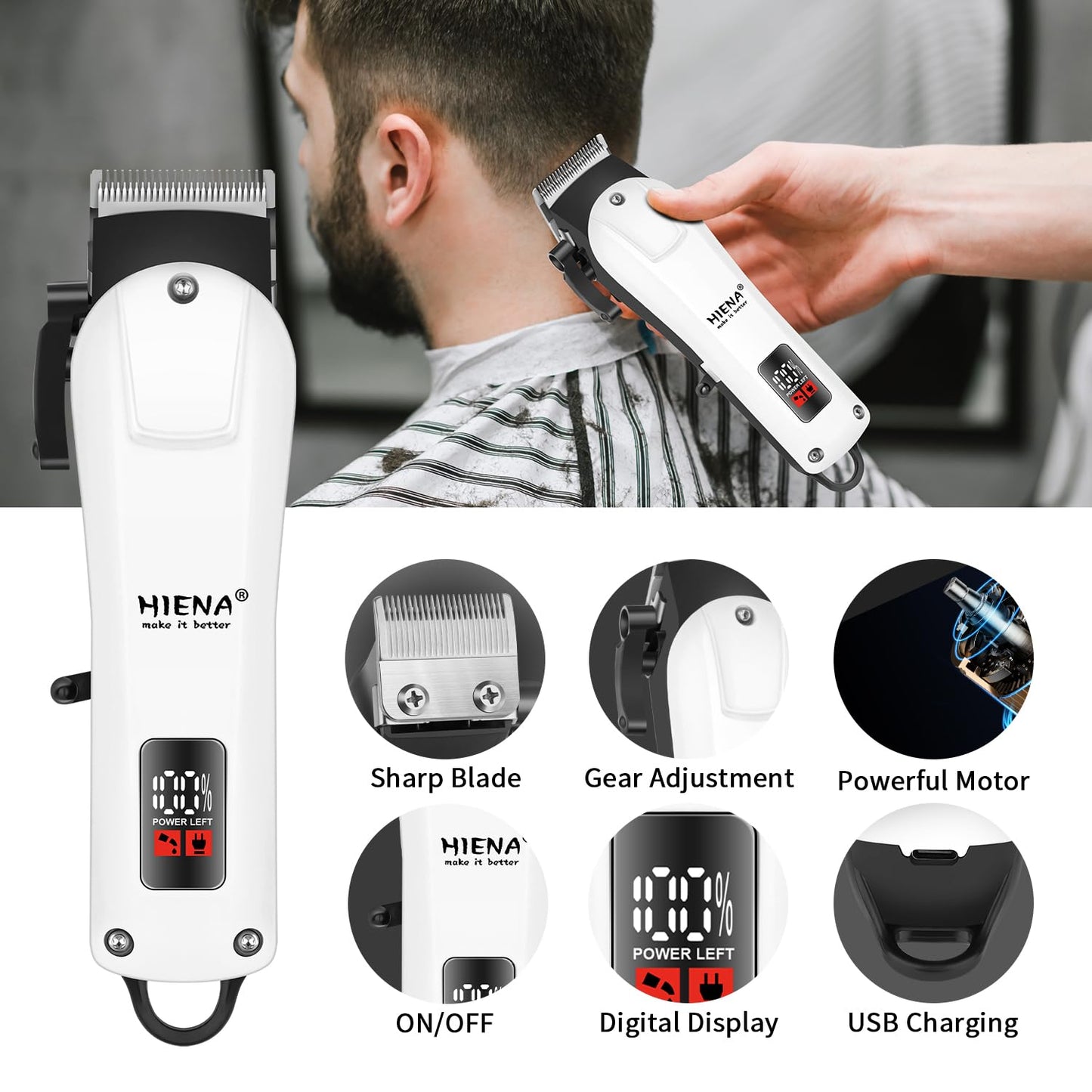HIENA PRO Electric Hair Clipper & Trimmer for Men, Professional Cordless Barber Clipper with LED Display, Rechargeable Hair-Cutting Clippers, Perfect Gifts for Men(White)