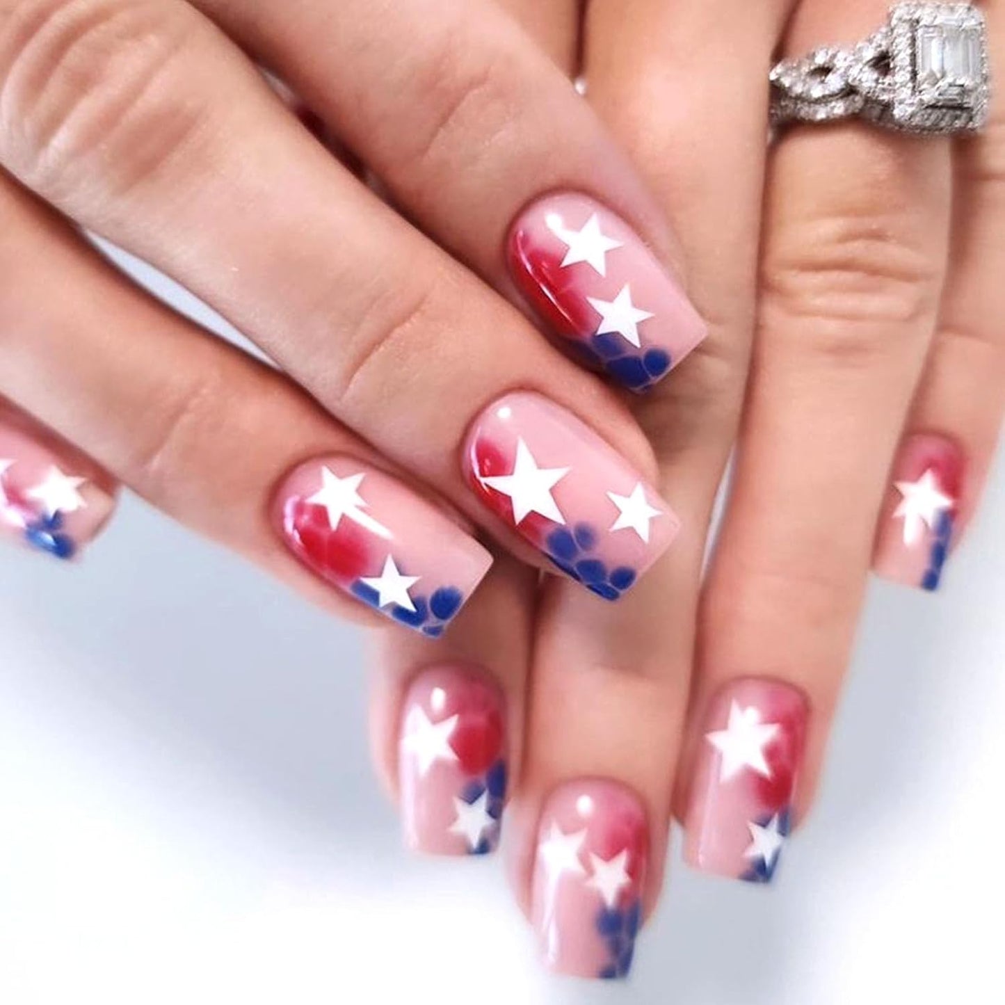 Press On Nails - Short Oval French Tip Design | Glossy Pink with Stars & American Flag - 24 Pcs