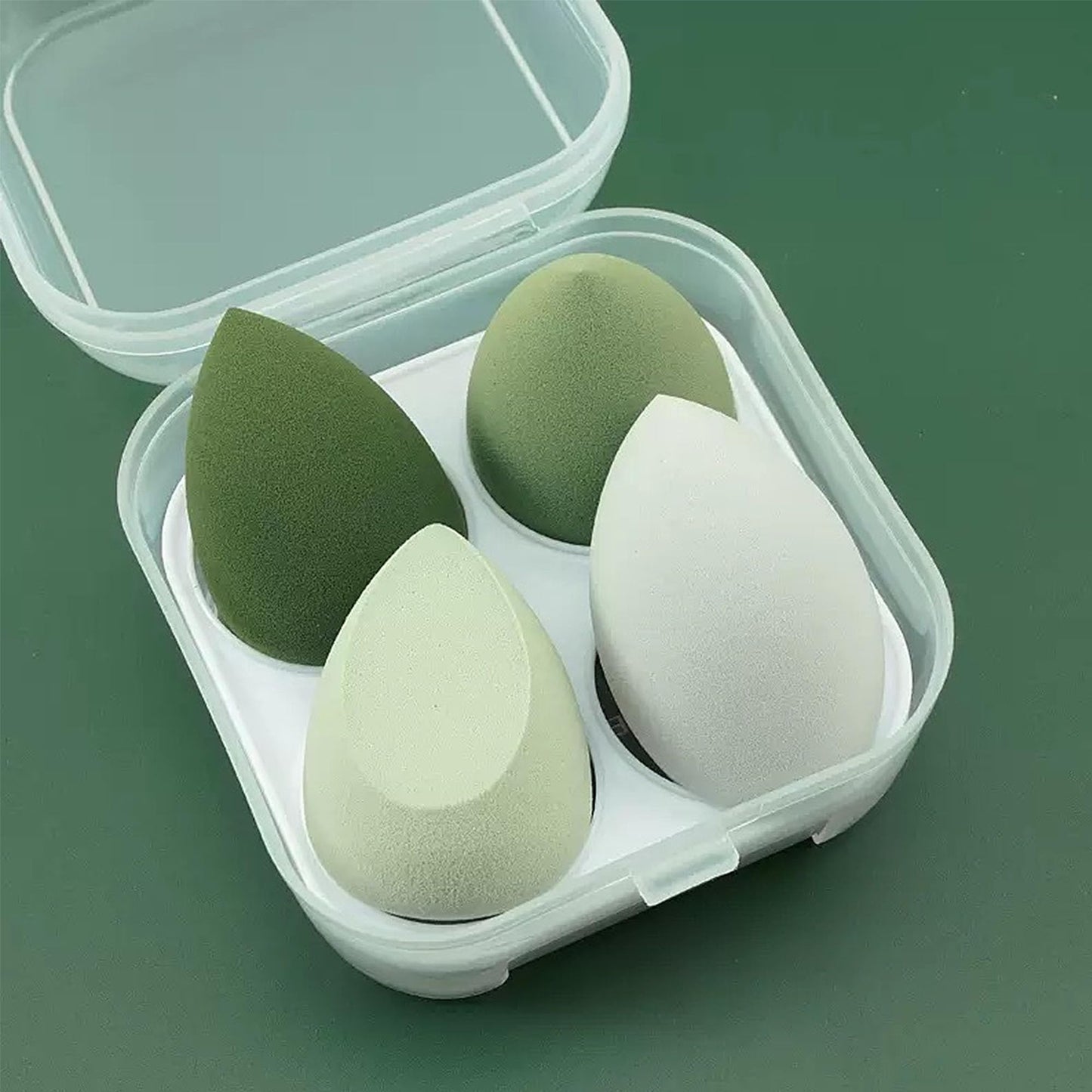 4PCS Makeup Sponge Set with Storage Box, Beauty Blender Sponges for Liquid Cream and Powder, Dry and Wet Use Foundation Blending Applicators for Flawless Makeup Application Green